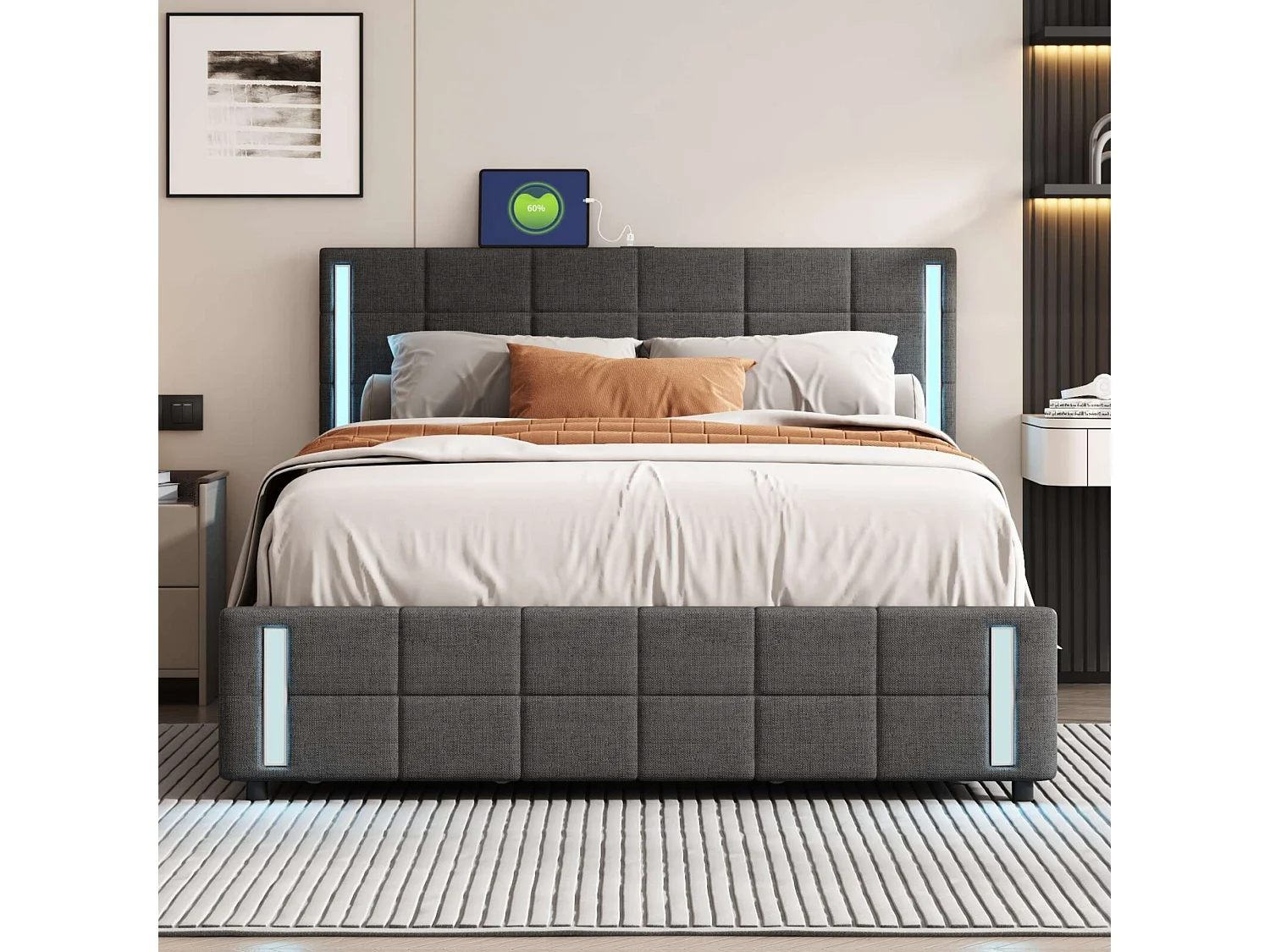 Lit avec tête de lit et rangement - 140 x 200 cm - 4 tiroirs - tissu lin - éclairage led - sommier à lattes - gris