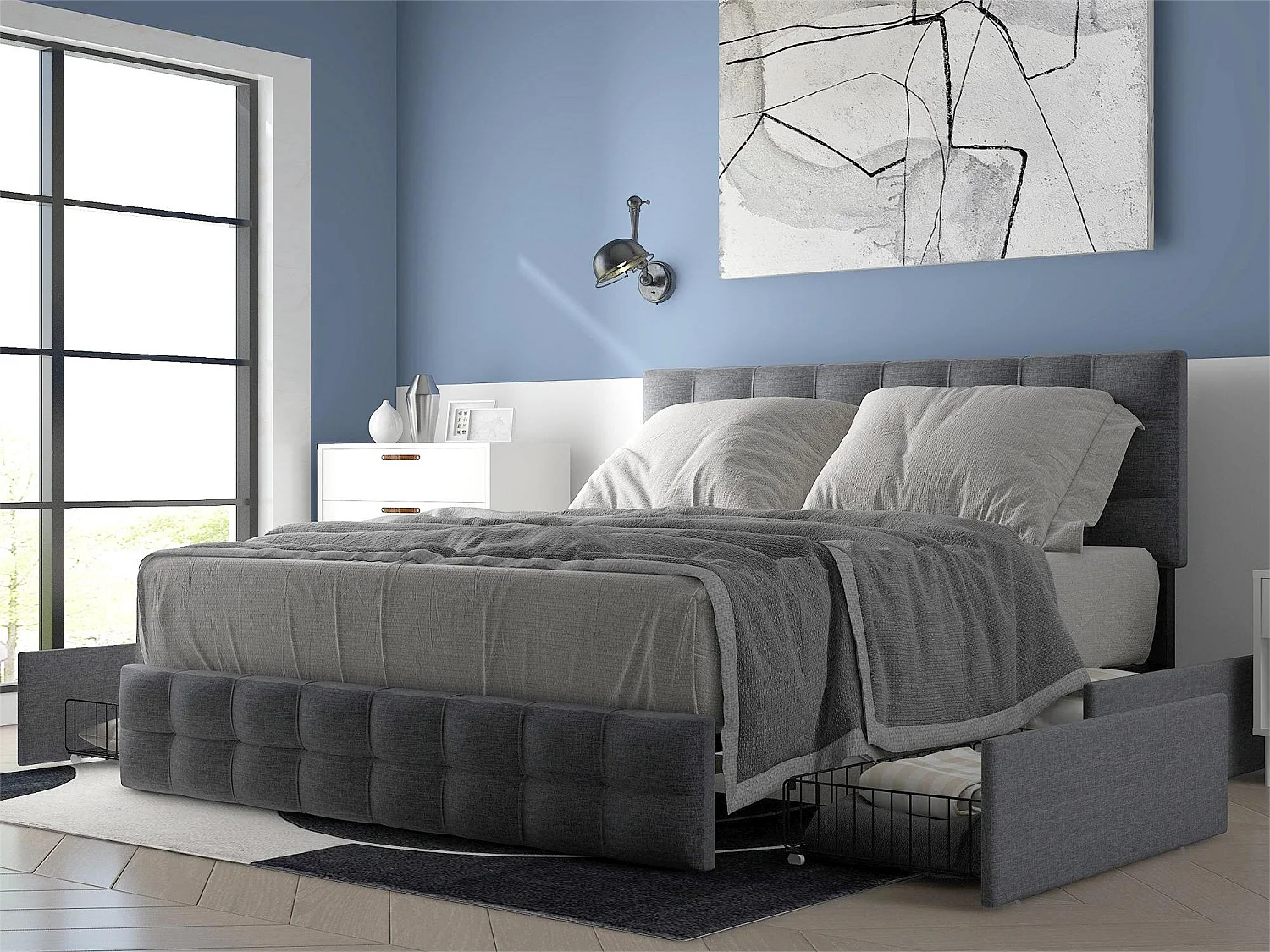 Lit avec tête de lit et 4 tiroirs - 140 x 200 cm - tissu lin - gris