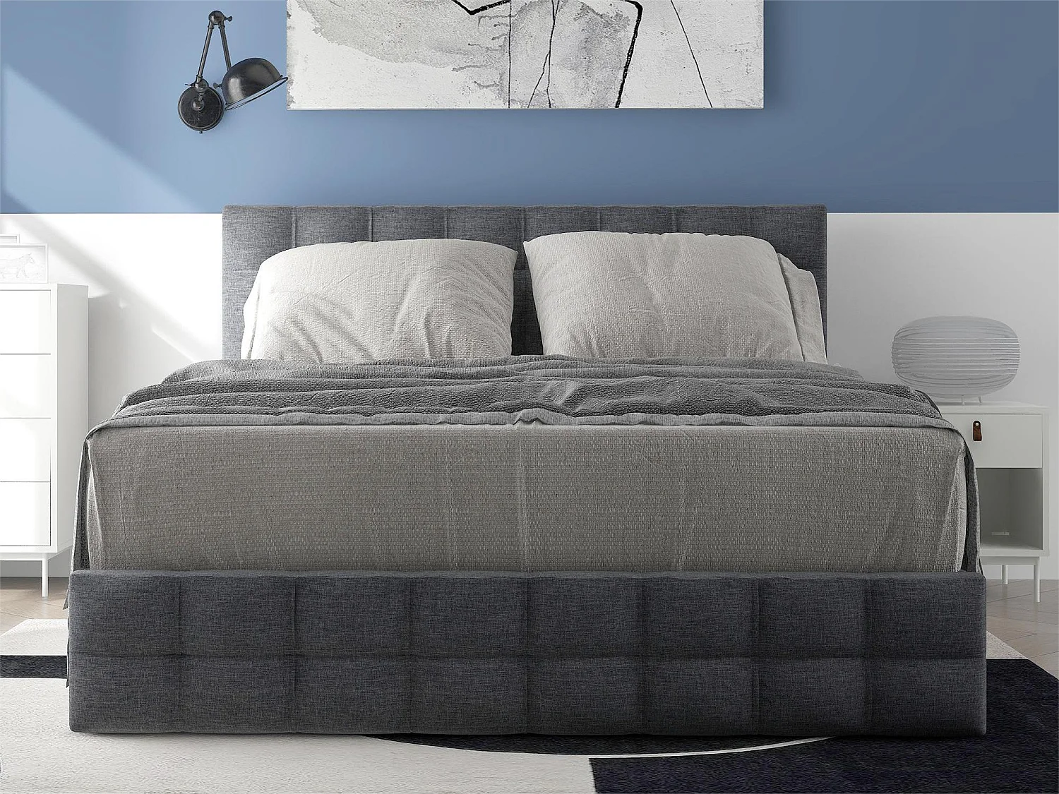 Lit avec tête de lit et 4 tiroirs - 140 x 200 cm - tissu lin - gris