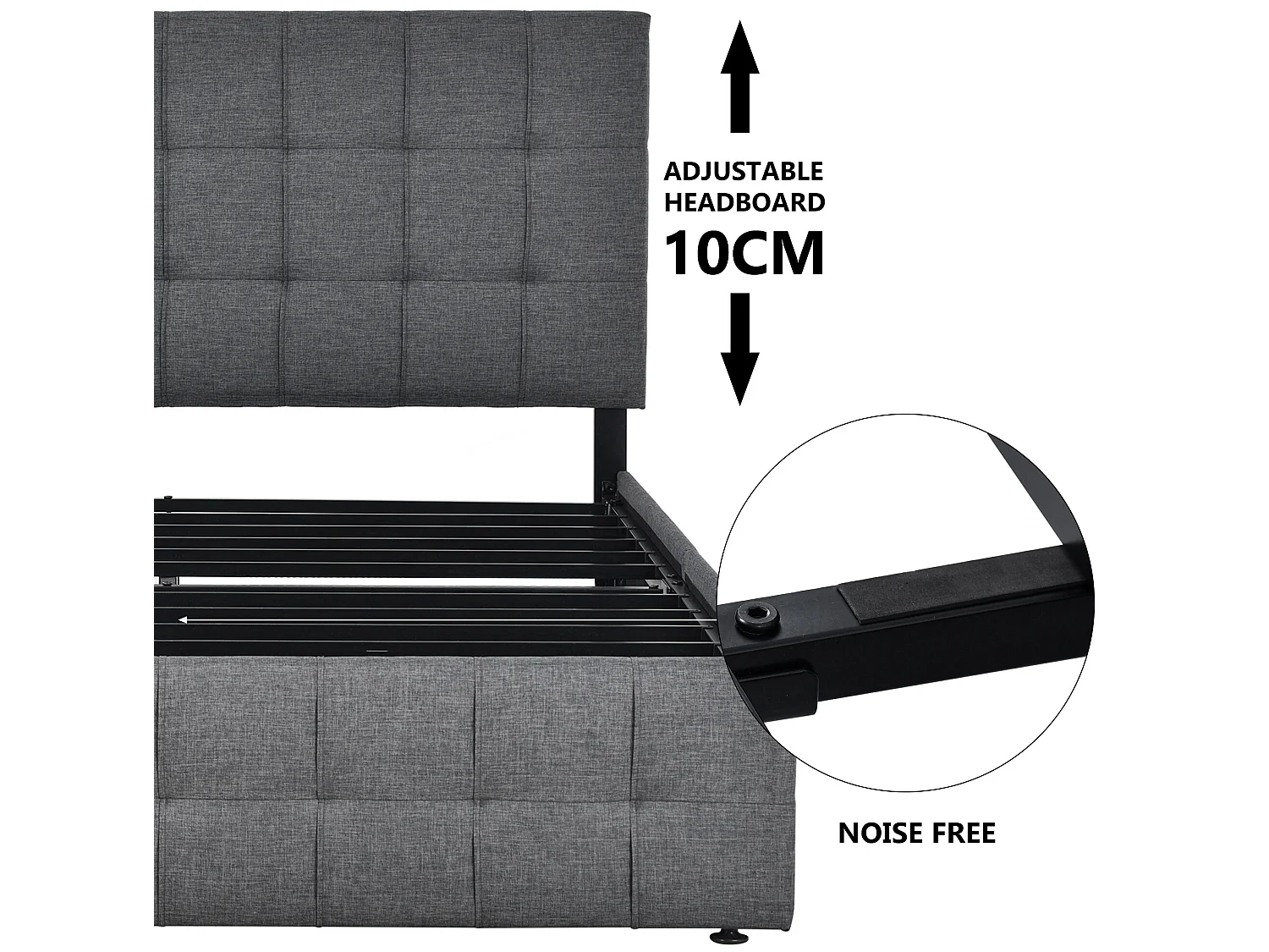 Lit avec tête de lit et 4 tiroirs - 140 x 200 cm - tissu lin - gris