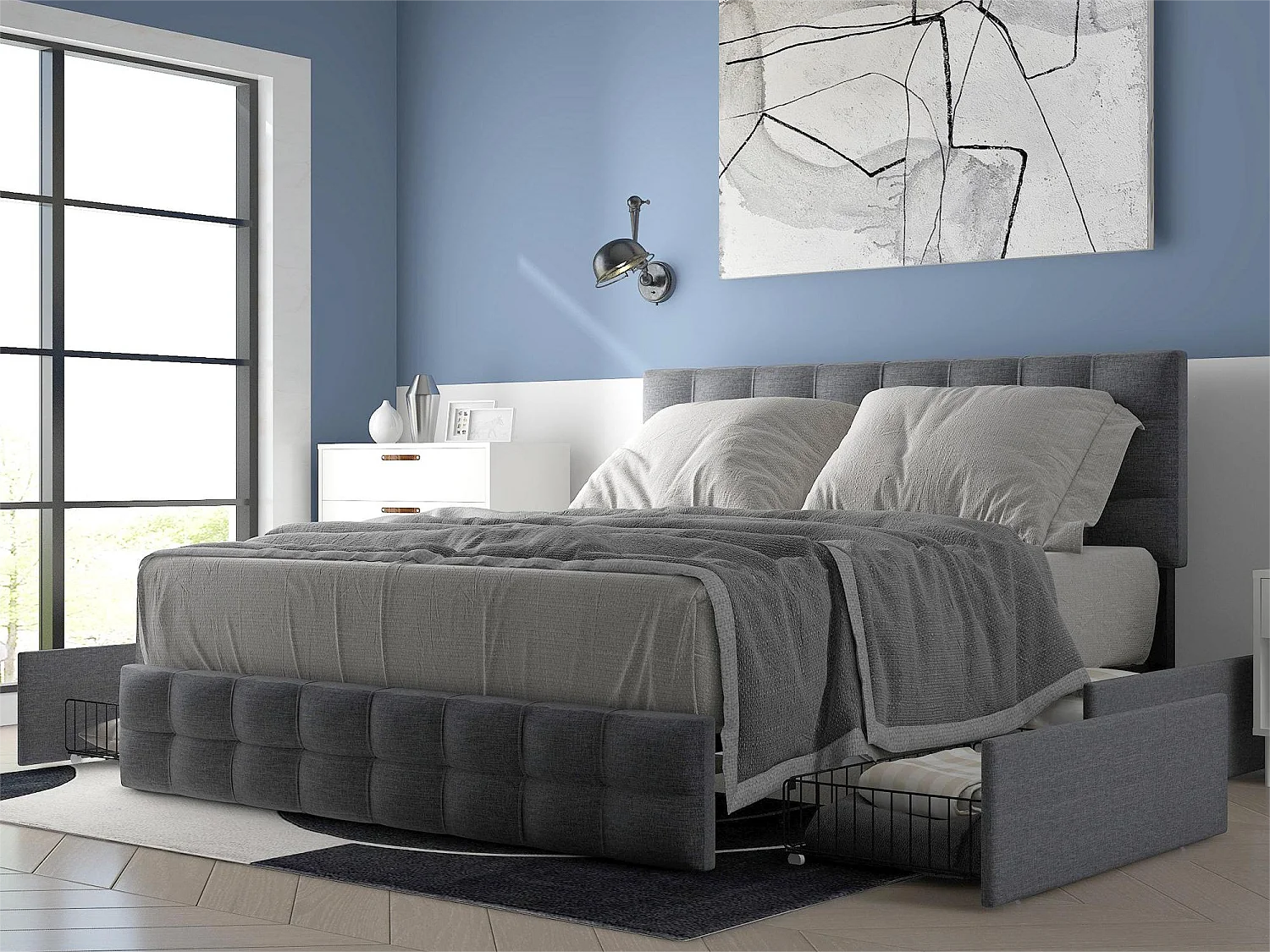 Cama com cabeceira e 4 gavetas - 140 x 200 cm - tecido linho - cinza