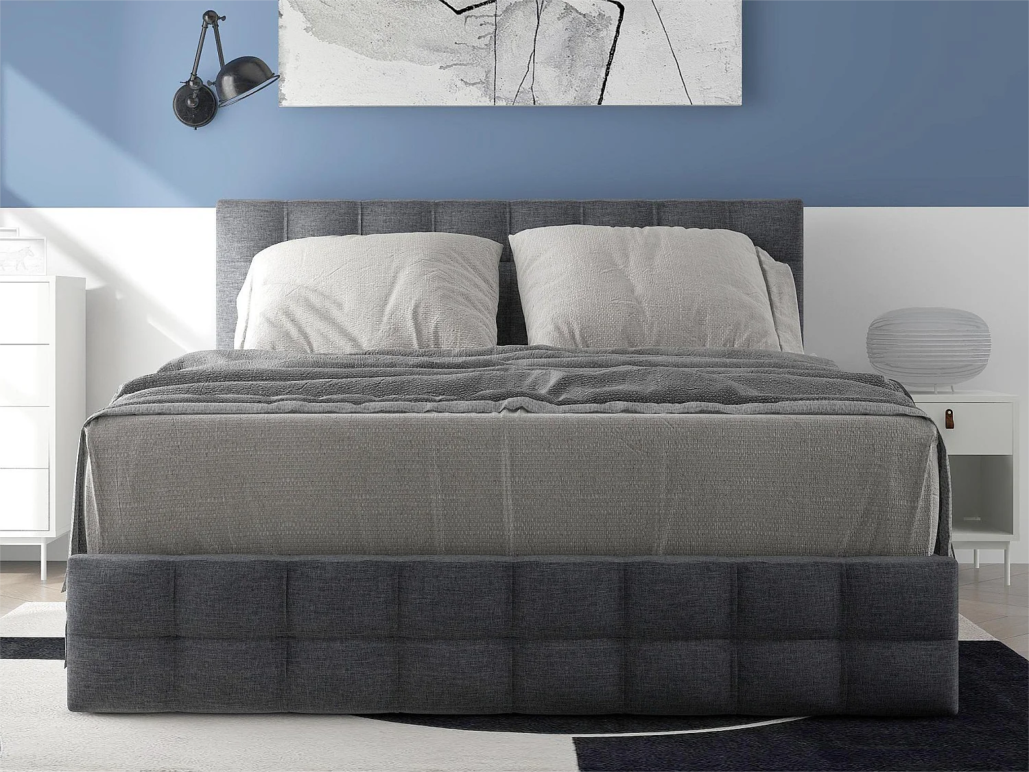 Cama com cabeceira e 4 gavetas - 140 x 200 cm - tecido linho - cinza