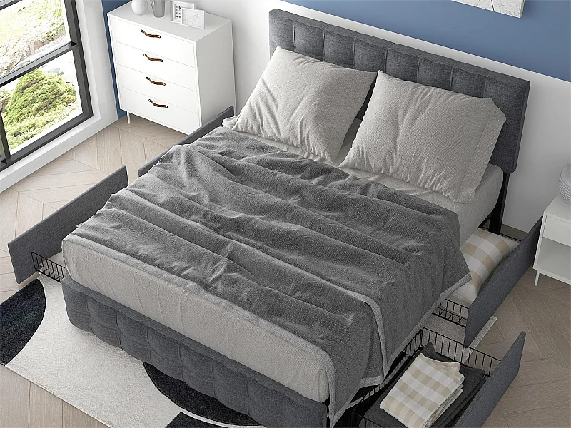 Bett mit Kopfteil und 4 Schubladen – 140 x 200 cm – Leinenstoff – Grau