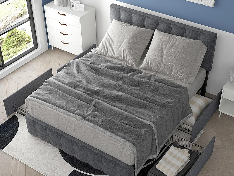 Cama com cabeceira e 4 gavetas - 140 x 200 cm - tecido linho - cinza