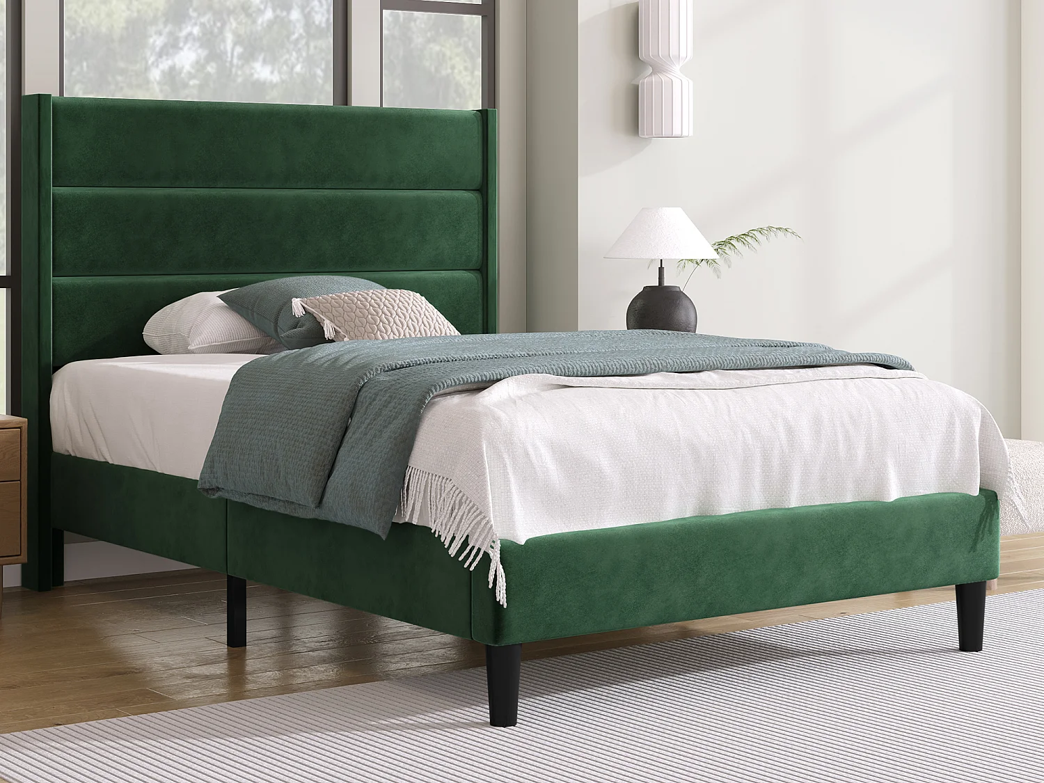 Cama con cabecero - 90 x 200 cm - terciopelo - somier - verde