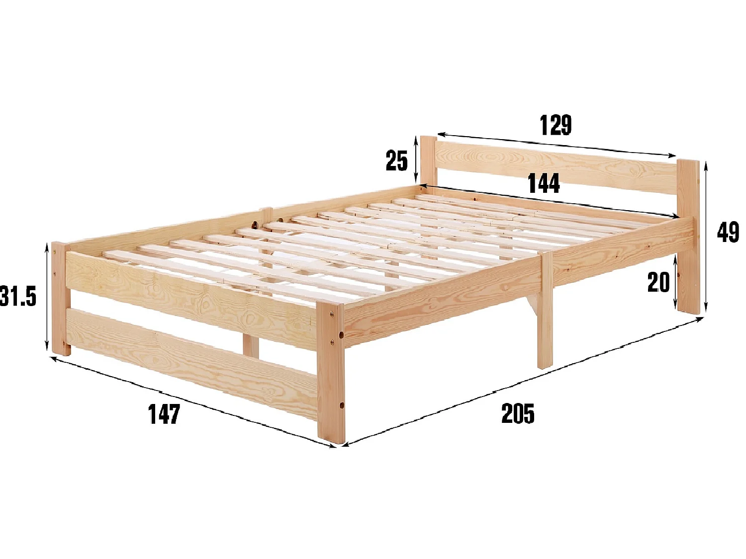 Lit avec tête de lit - 140 x 200 cm - bois massif - sommier à lattes - coloris naturel
