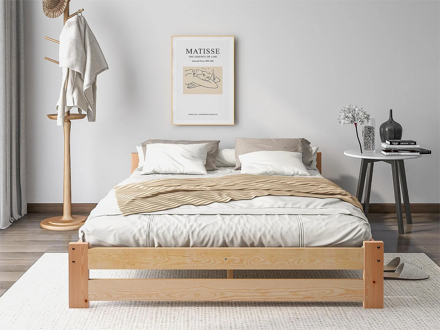 Lit avec tête de lit - 140 x 200 cm - bois massif - sommier à lattes - coloris naturel