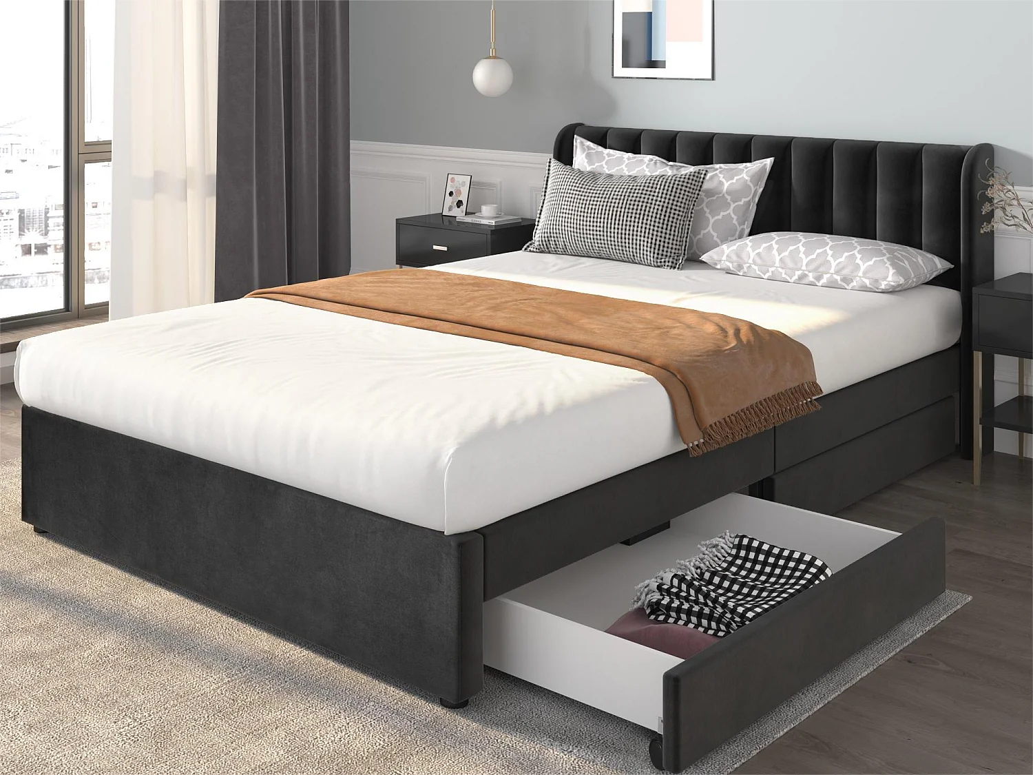 Bett mit Kopfteil und 2 Schubladen – 160 x 200 cm – Samt – Lattenrost – modernes Design – Schwarz