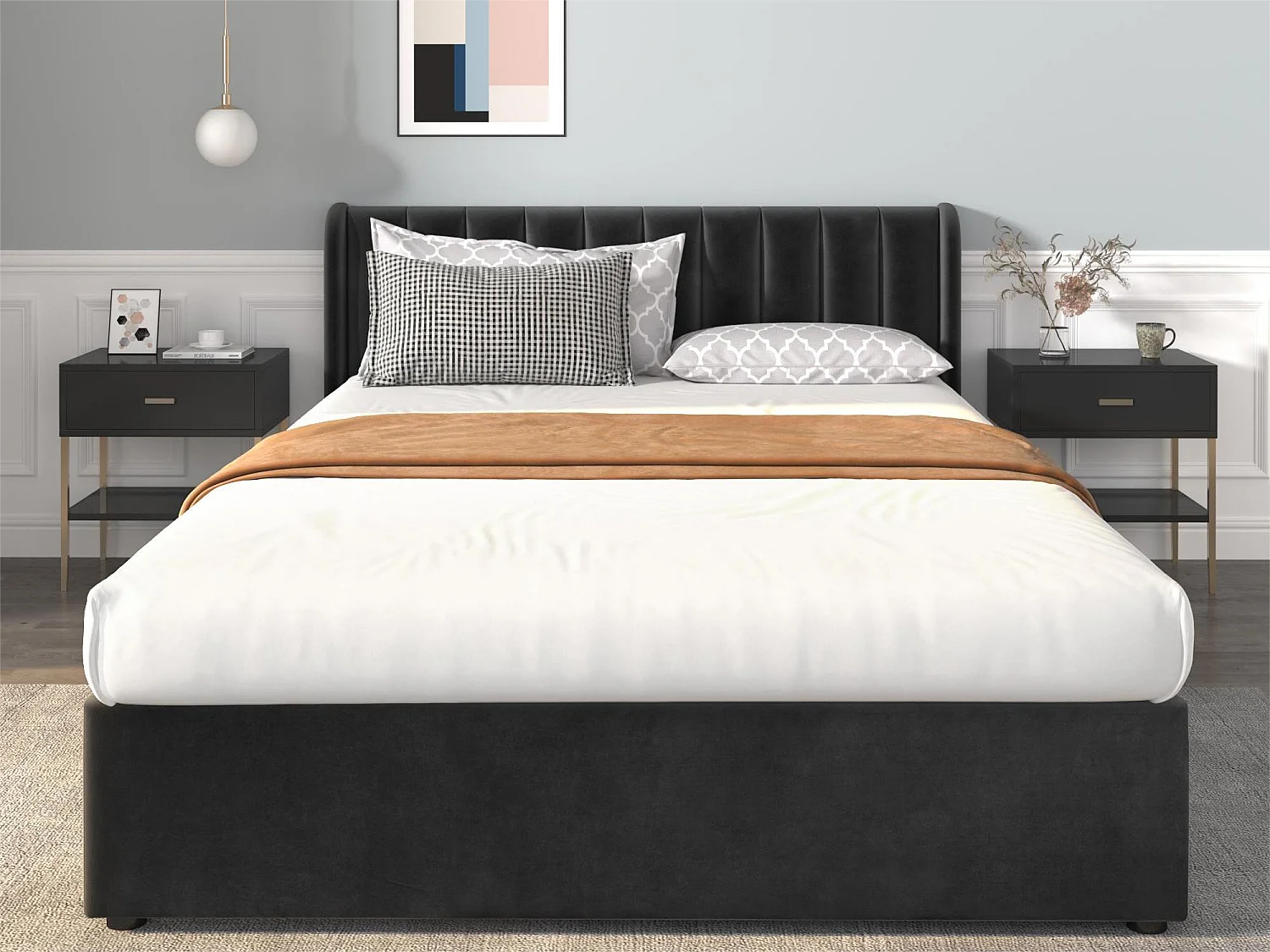 Bett mit Kopfteil und 2 Schubladen – 160 x 200 cm – Samt – Lattenrost – modernes Design – Schwarz