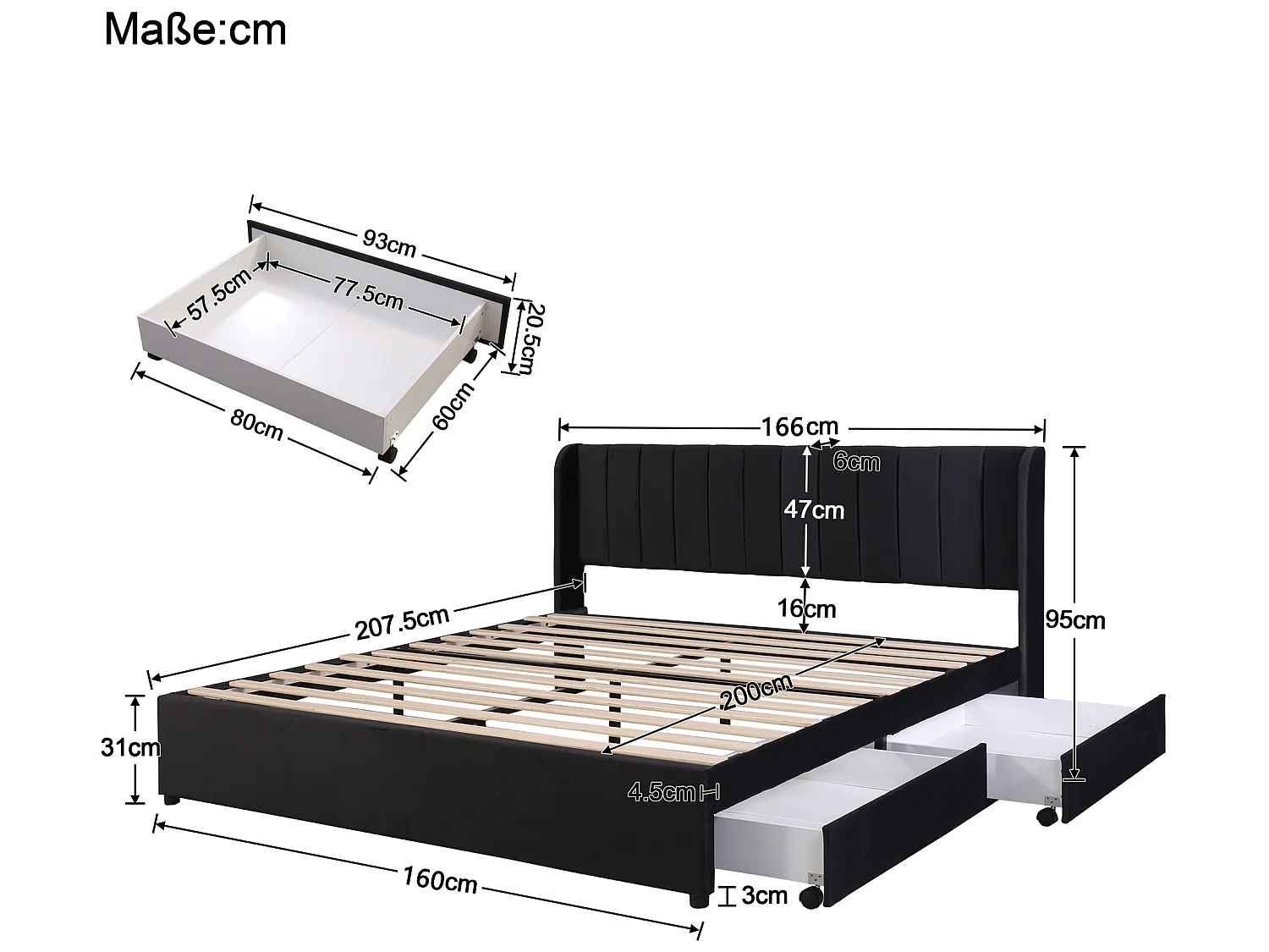 Łóżko z wezgłowiem i 2 szufladami - 160 x 200 cm - aksamit - stelaż z listew - nowoczesny design - czarne