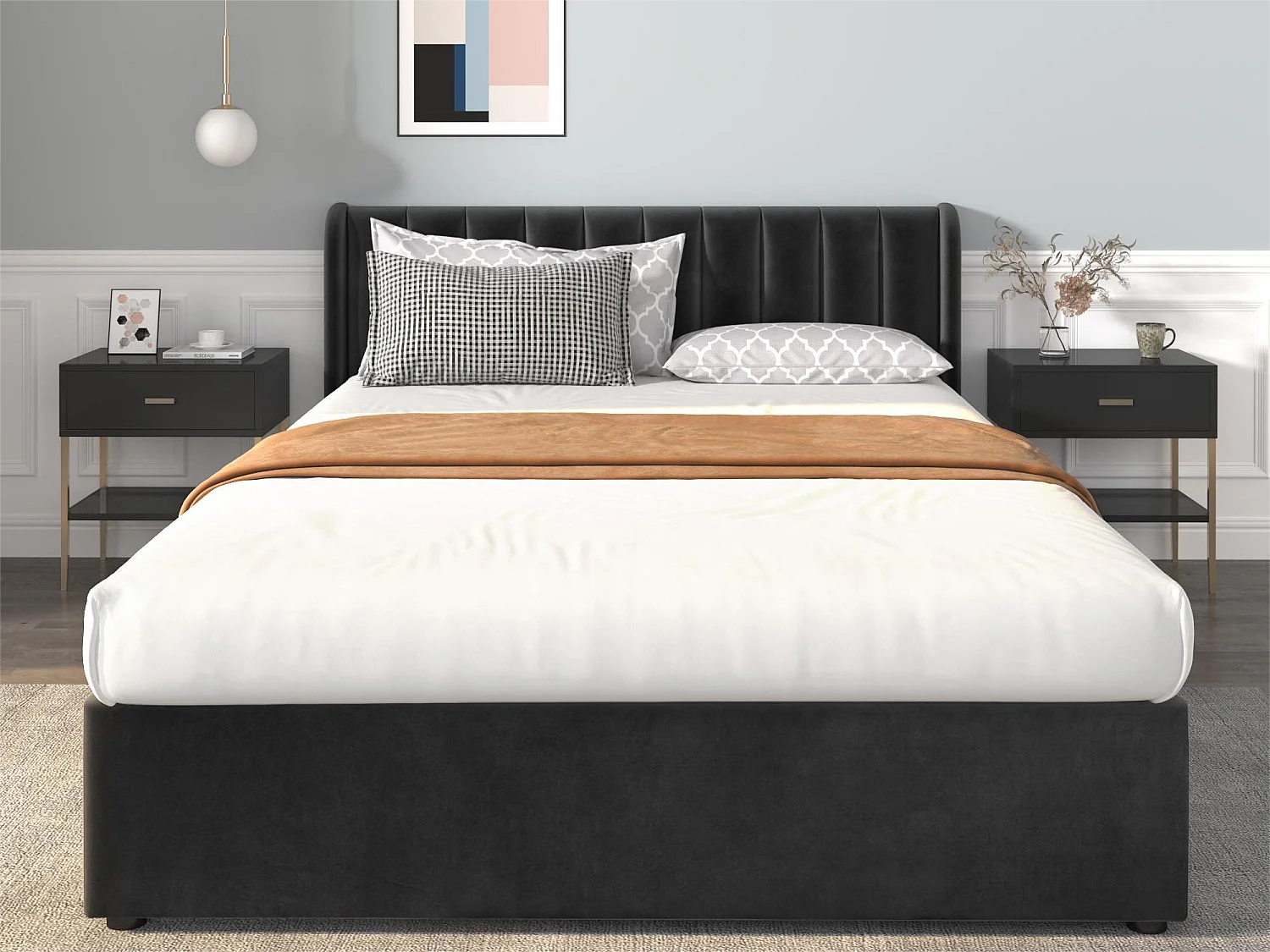 Lit avec tête de lit et 2 tiroirs - 160 x 200 cm - velours - sommier à lattes - désign contemporain - noir