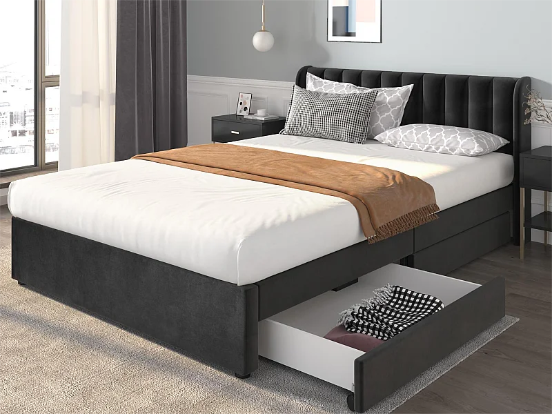 Bett mit Kopfteil und 2 Schubladen – 160 x 200 cm – Samt – Lattenrost – modernes Design – Schwarz