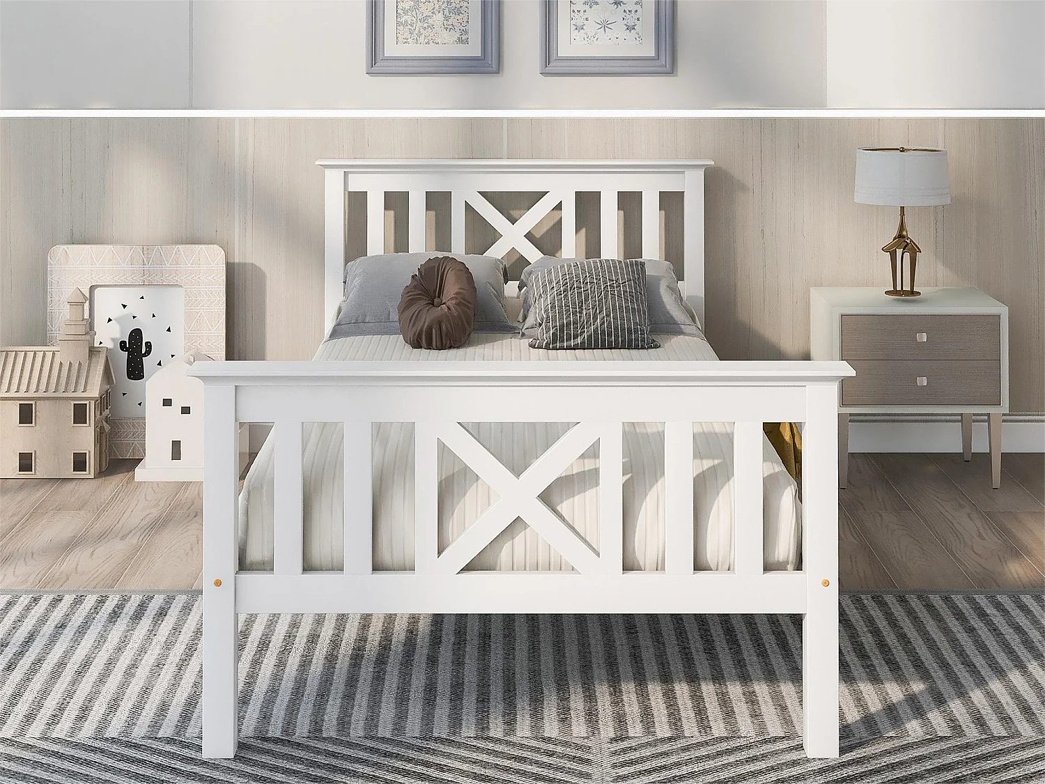 Bett mit Kopfteil – 90 x 200 cm – Kiefer – Lattenrost – Weiß