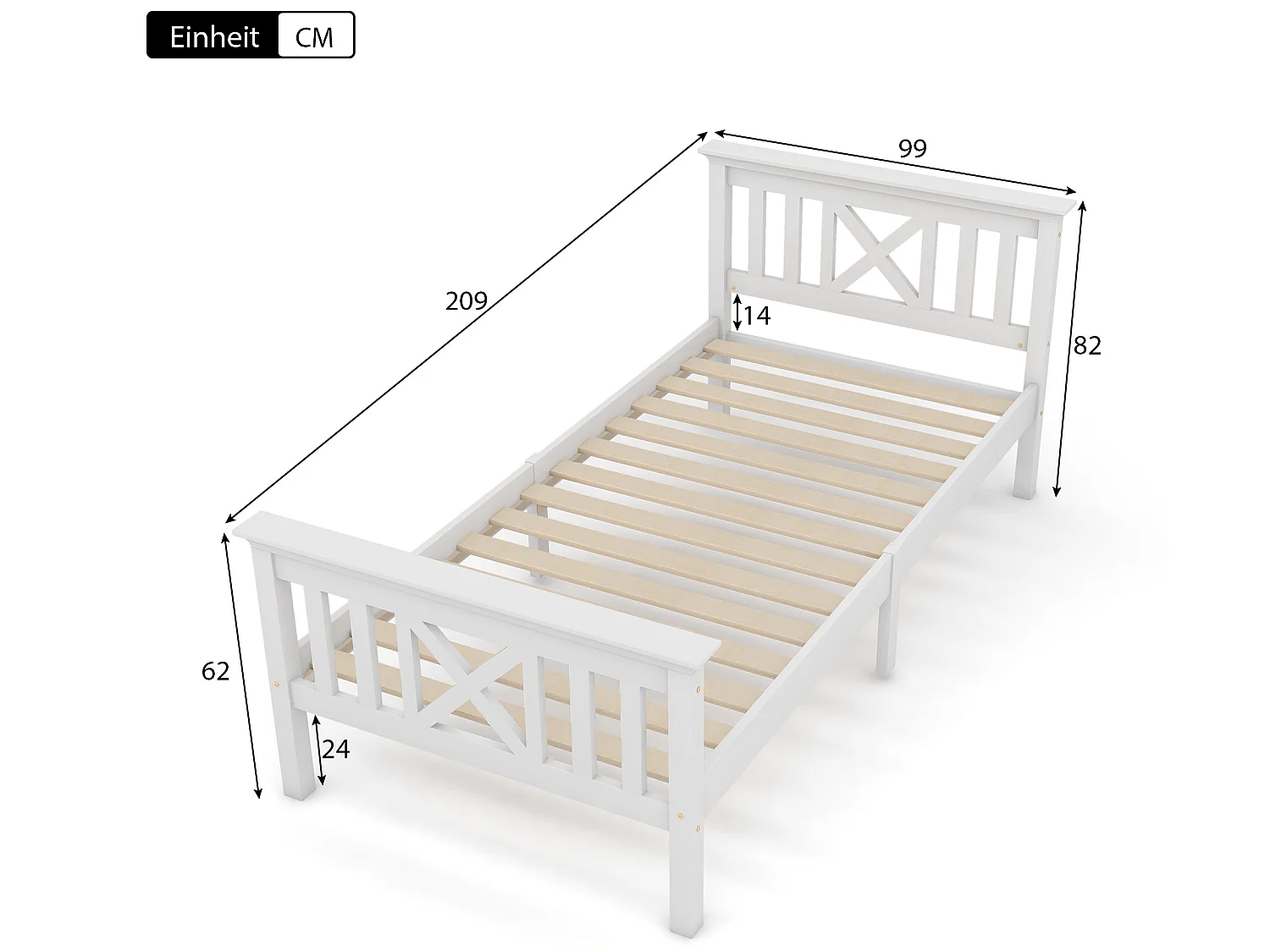 Bett mit Kopfteil – 90 x 200 cm – Kiefer – Lattenrost – Weiß