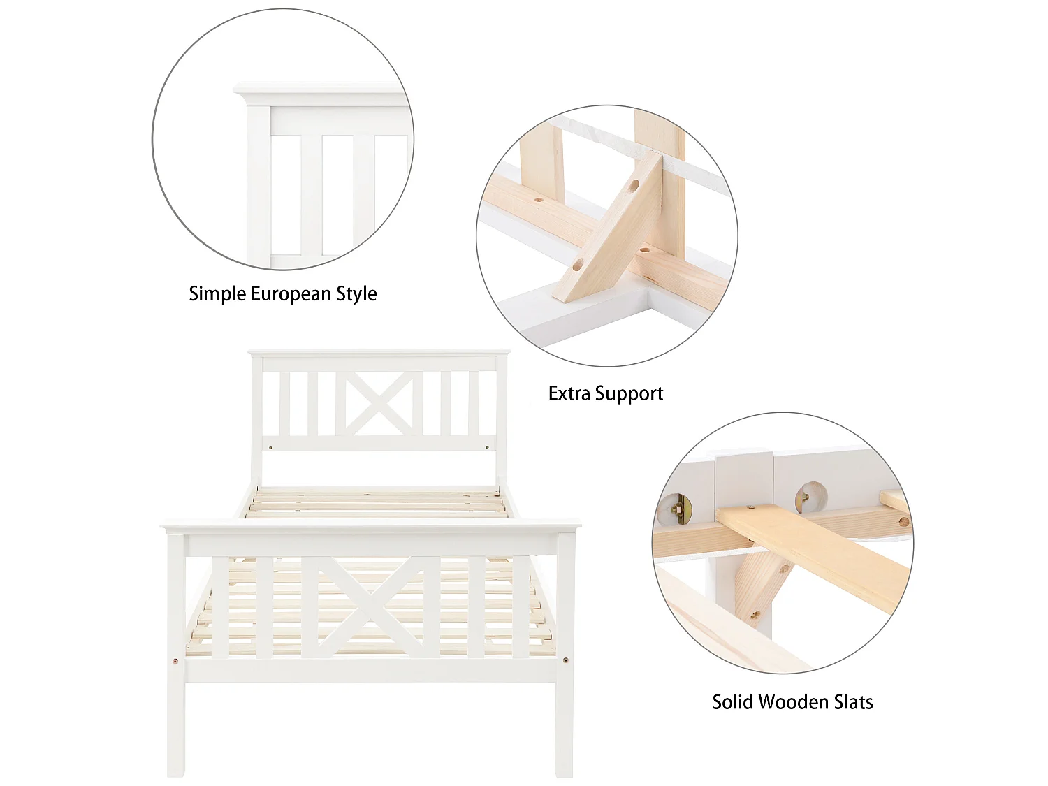 Bett mit Kopfteil – 90 x 200 cm – Kiefer – Lattenrost – Weiß