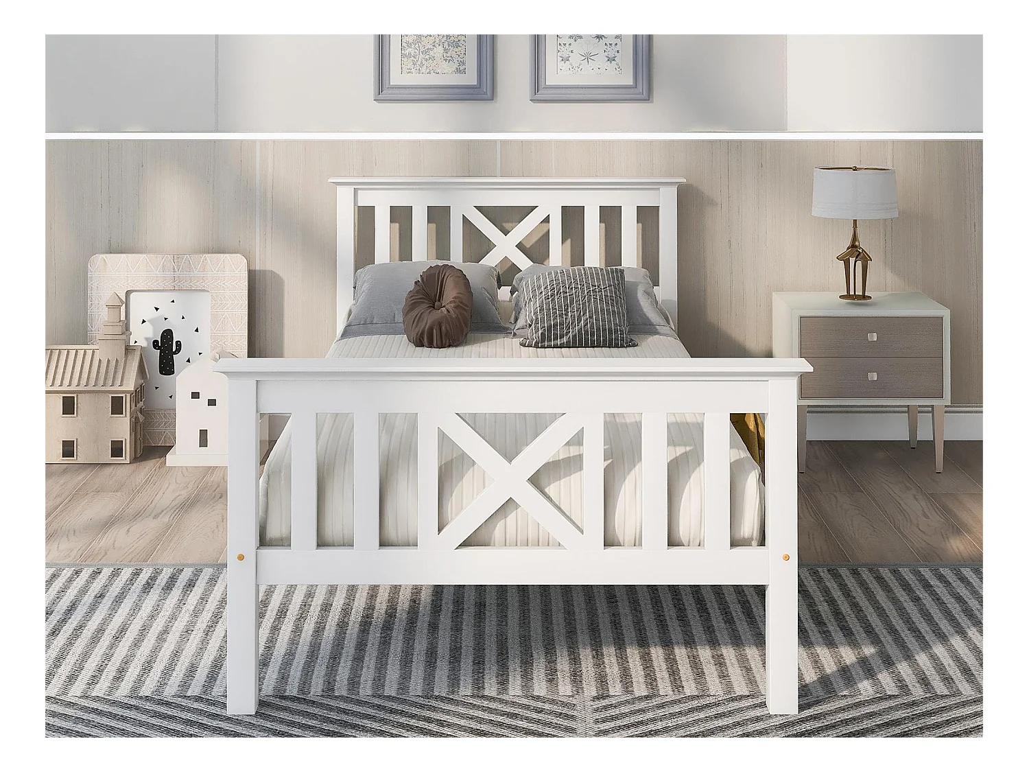 Lit avec tête de lit - 90 x 200 cm - pin - sommier à lattes - blanc