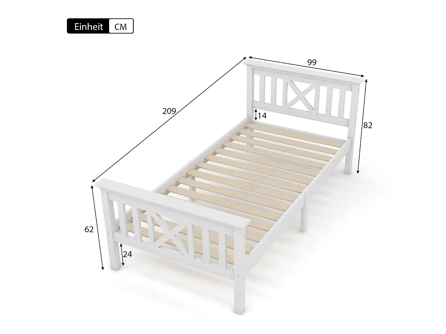 Lit avec tête de lit - 90 x 200 cm - pin - sommier à lattes - blanc