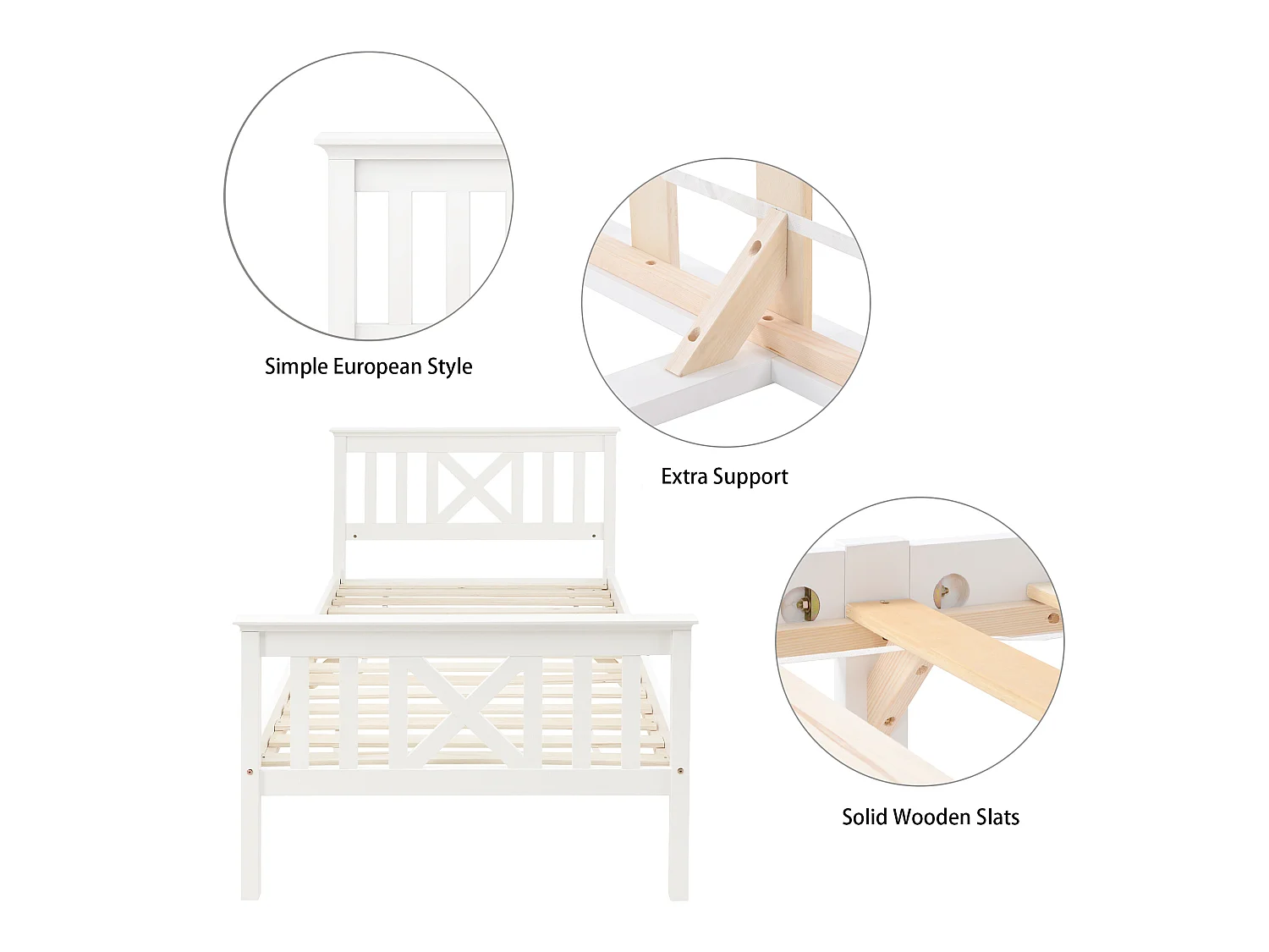 Lit avec tête de lit - 90 x 200 cm - pin - sommier à lattes - blanc