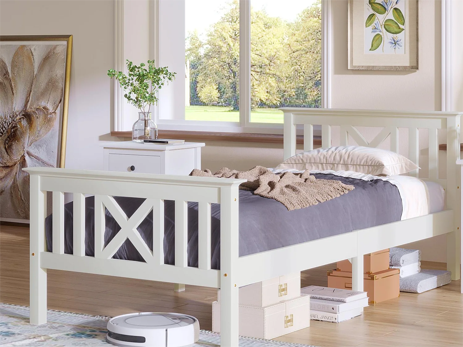 Bed met hoofdeinde - 90 x 200 cm - grenen - lattenbodem - wit