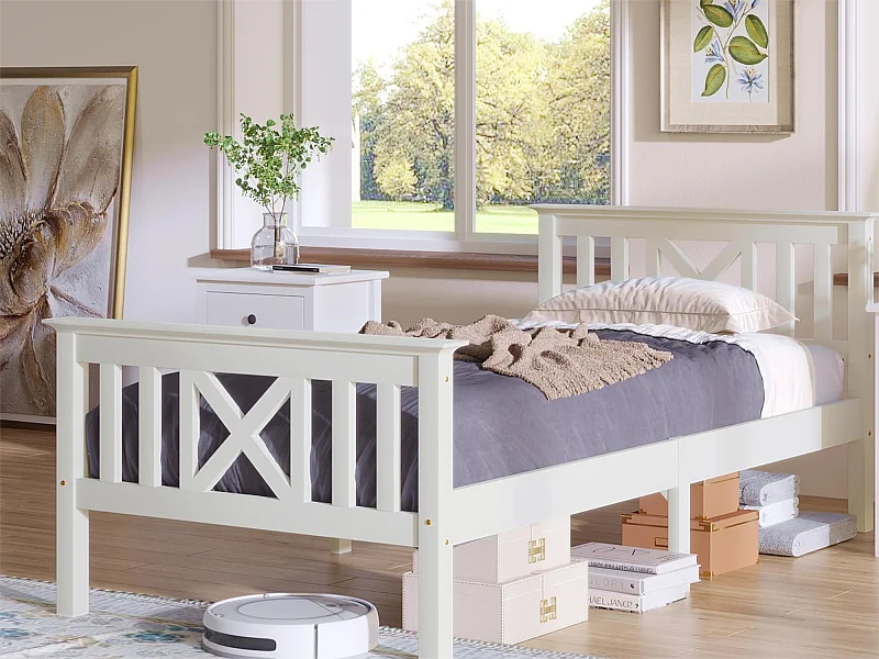 Letto con testiera - 90 x 200 cm - pino - rete a doghe - bianco