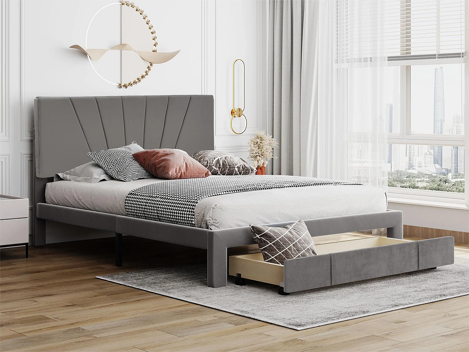 Lit avec rangement et tête de lit réglable - 140 x 200 cm - velours - coloris gris