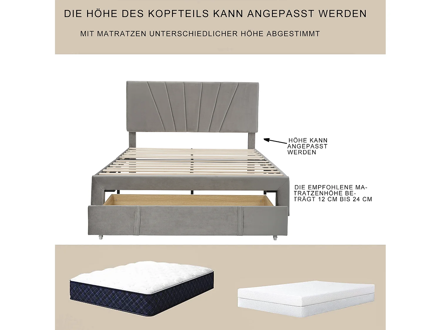 Lit avec rangement et tête de lit réglable - 140 x 200 cm - velours - coloris gris