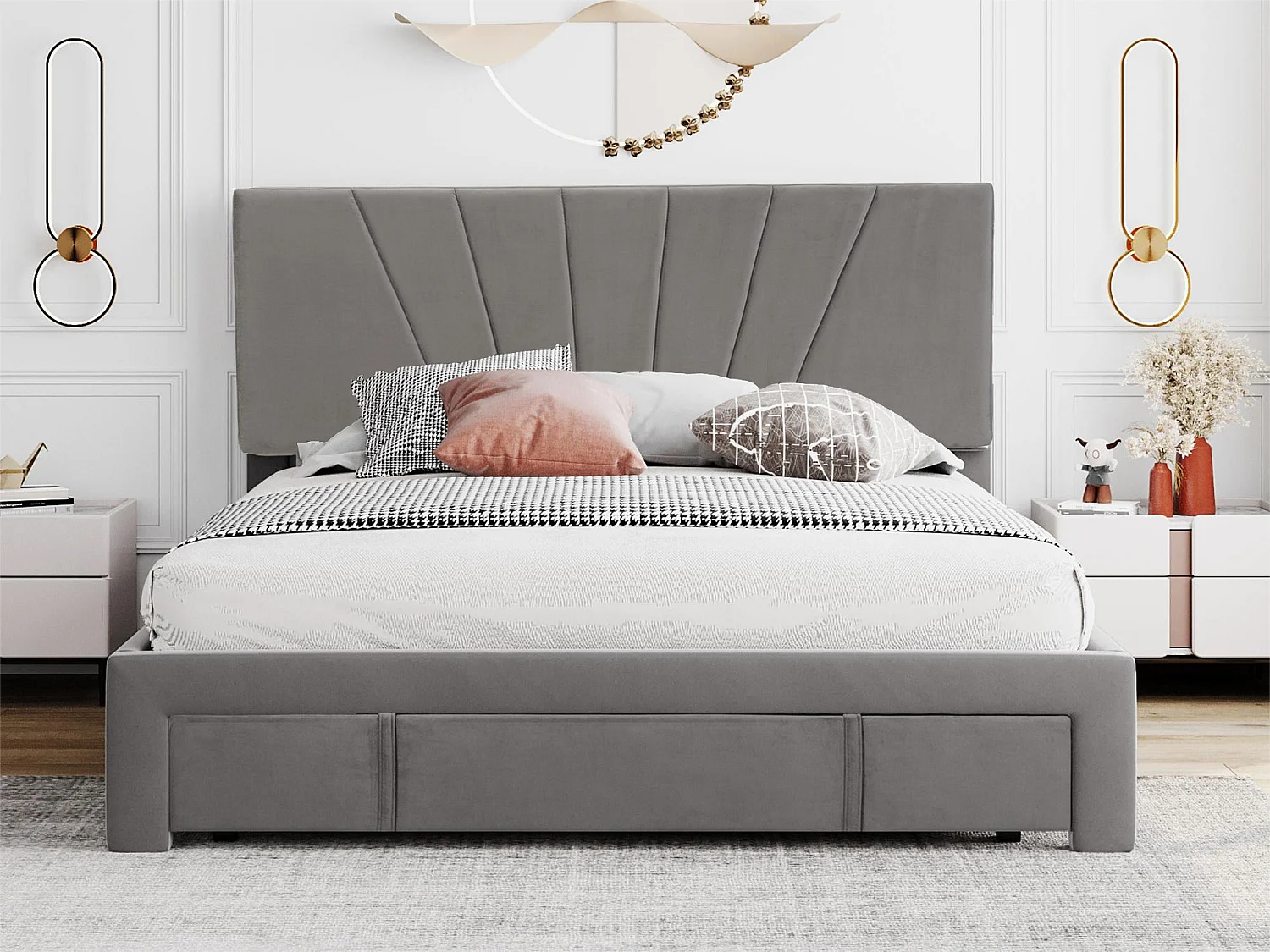 Lit avec rangement et tête de lit réglable - 140 x 200 cm - velours - coloris gris