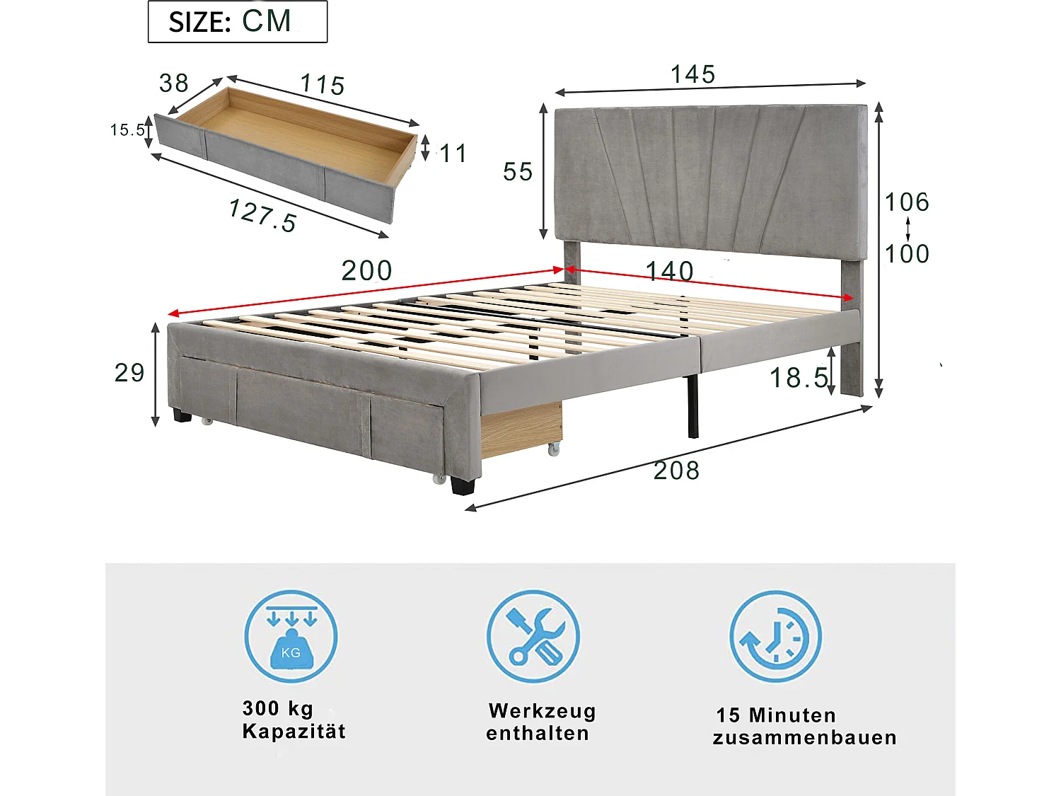 Lit avec rangement et tête de lit réglable - 140 x 200 cm - velours - coloris gris