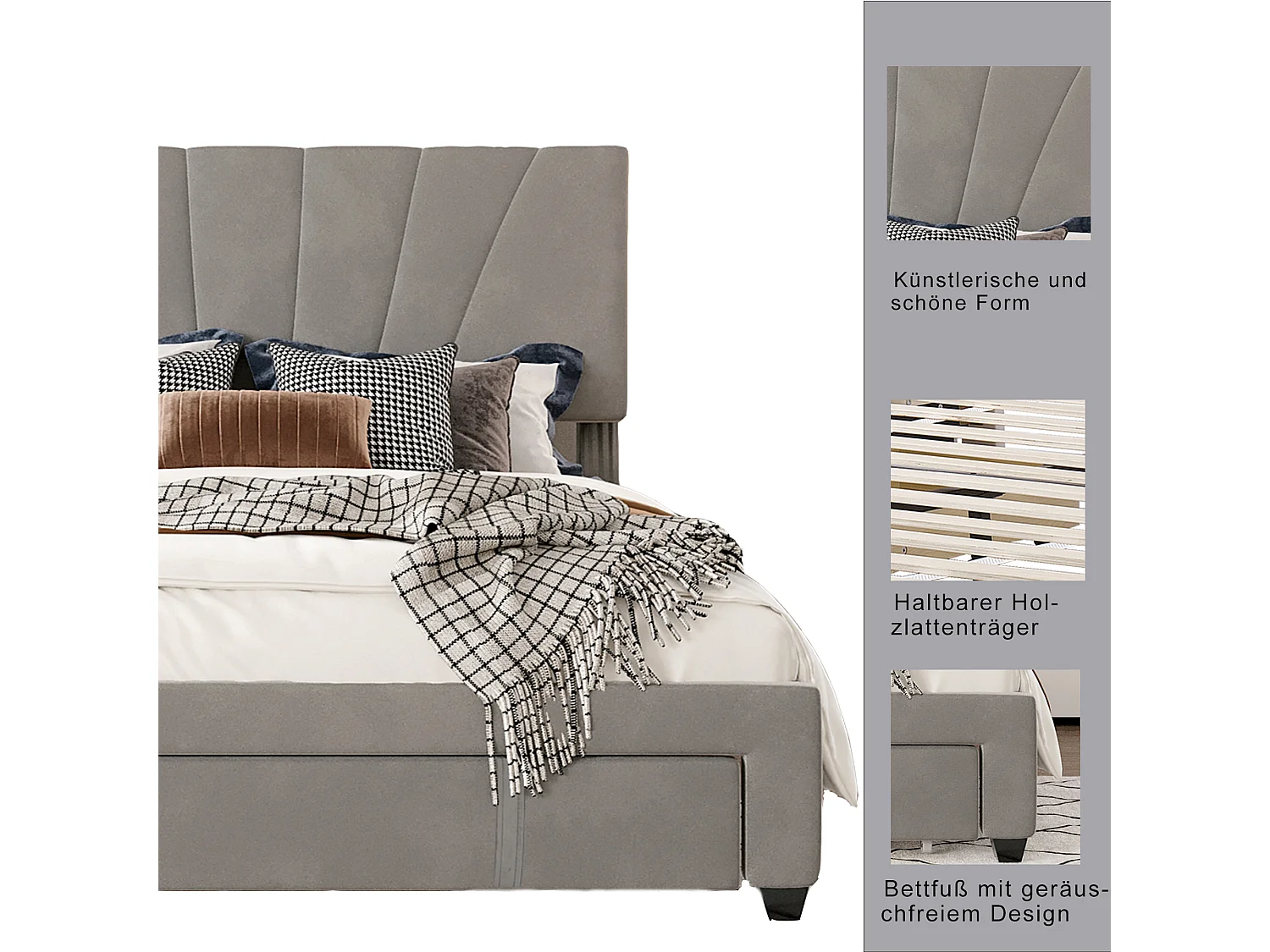 Lit avec rangement et tête de lit réglable - 140 x 200 cm - velours - coloris gris