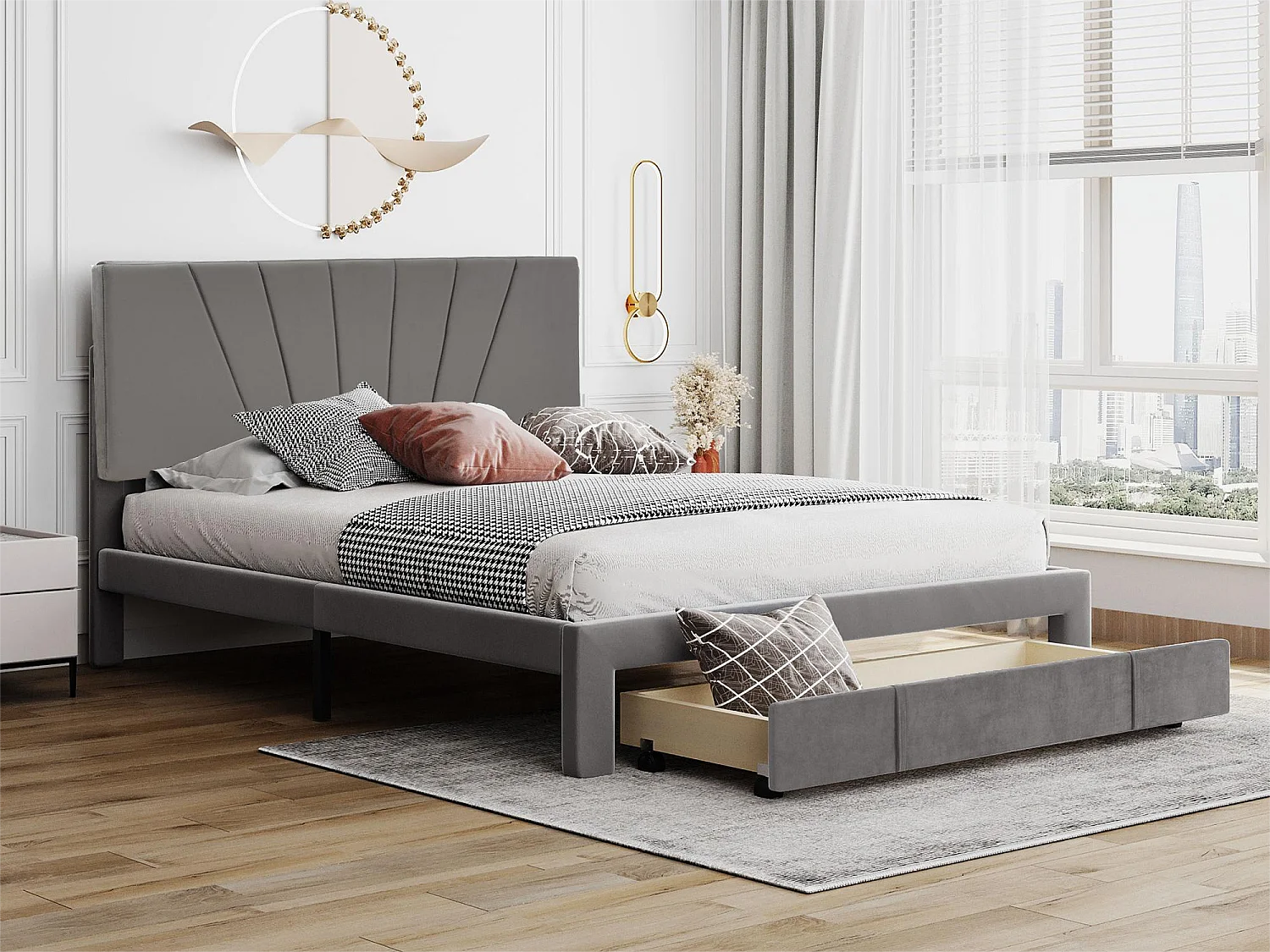 Lit avec rangement et tête de lit réglable - 140 x 200 cm - velours - coloris gris