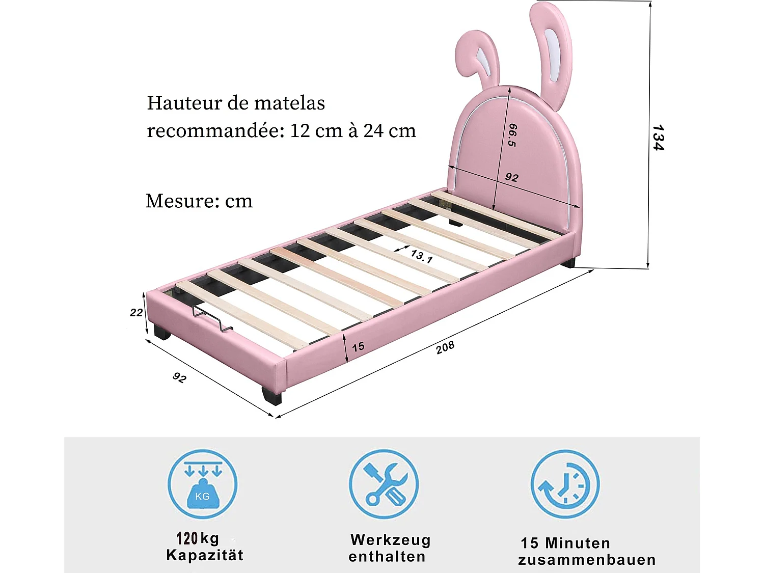 Lit avec tête de lit - 90 x 200 cm - similicuir - sommier à lattes - rose