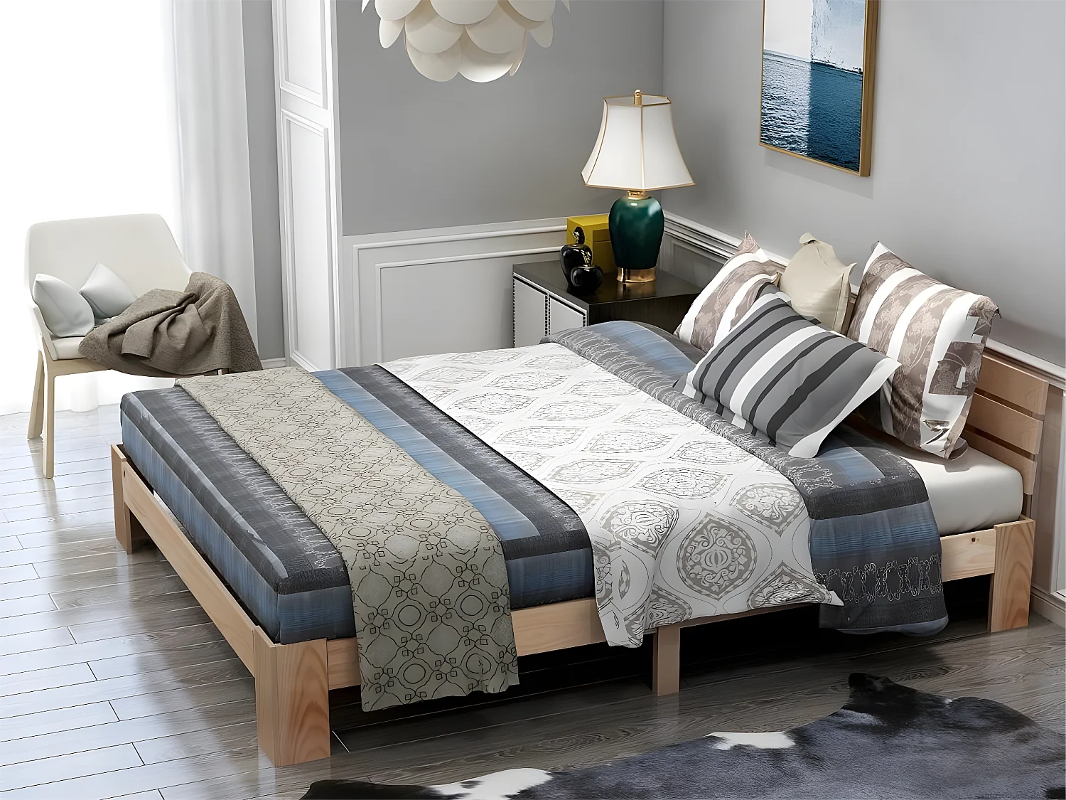 Lit avec tête de lit - 140 x 200 cm - bois massif - sommier à lattes - coloris naturel