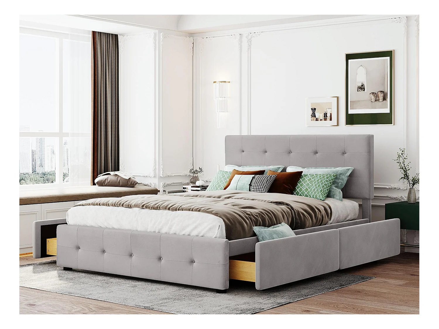 Lit avec tête de lit réglable et 4 tiroirs rangement - 140 x 200 cm - tissu en velours - sommier à lattes - gris