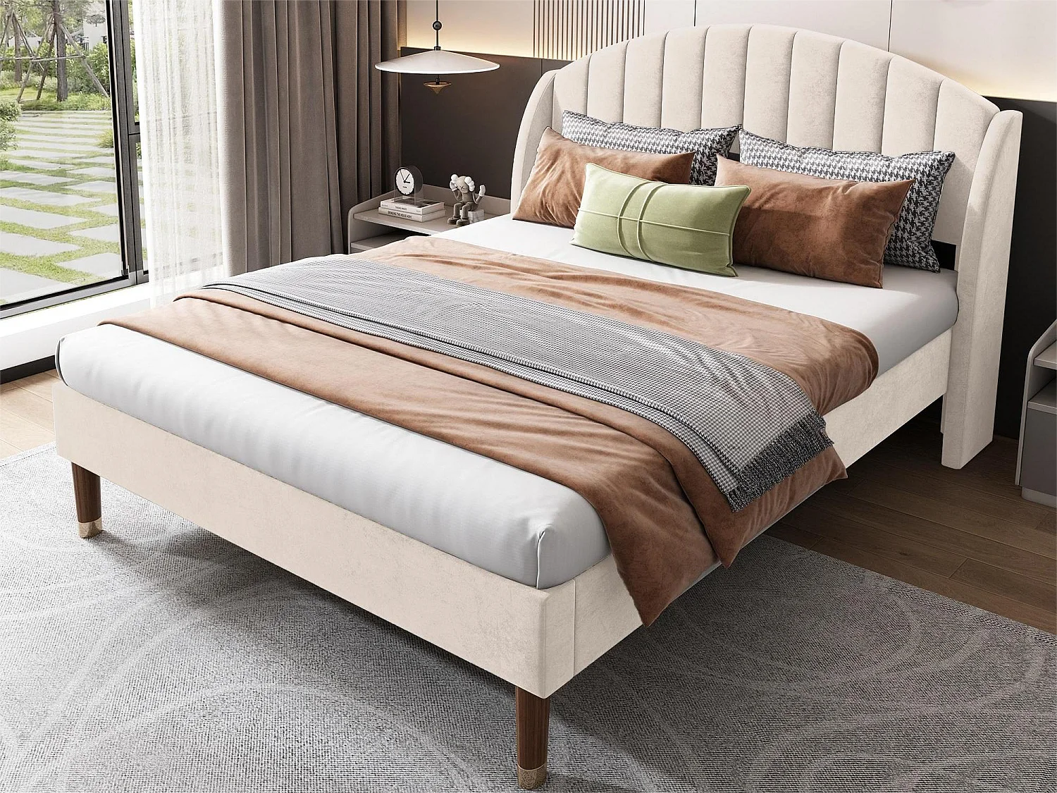 Bed met gewatteerd hoofdeinde - 140 x 200 cm - fluweel - lattenbodem - kleur beige