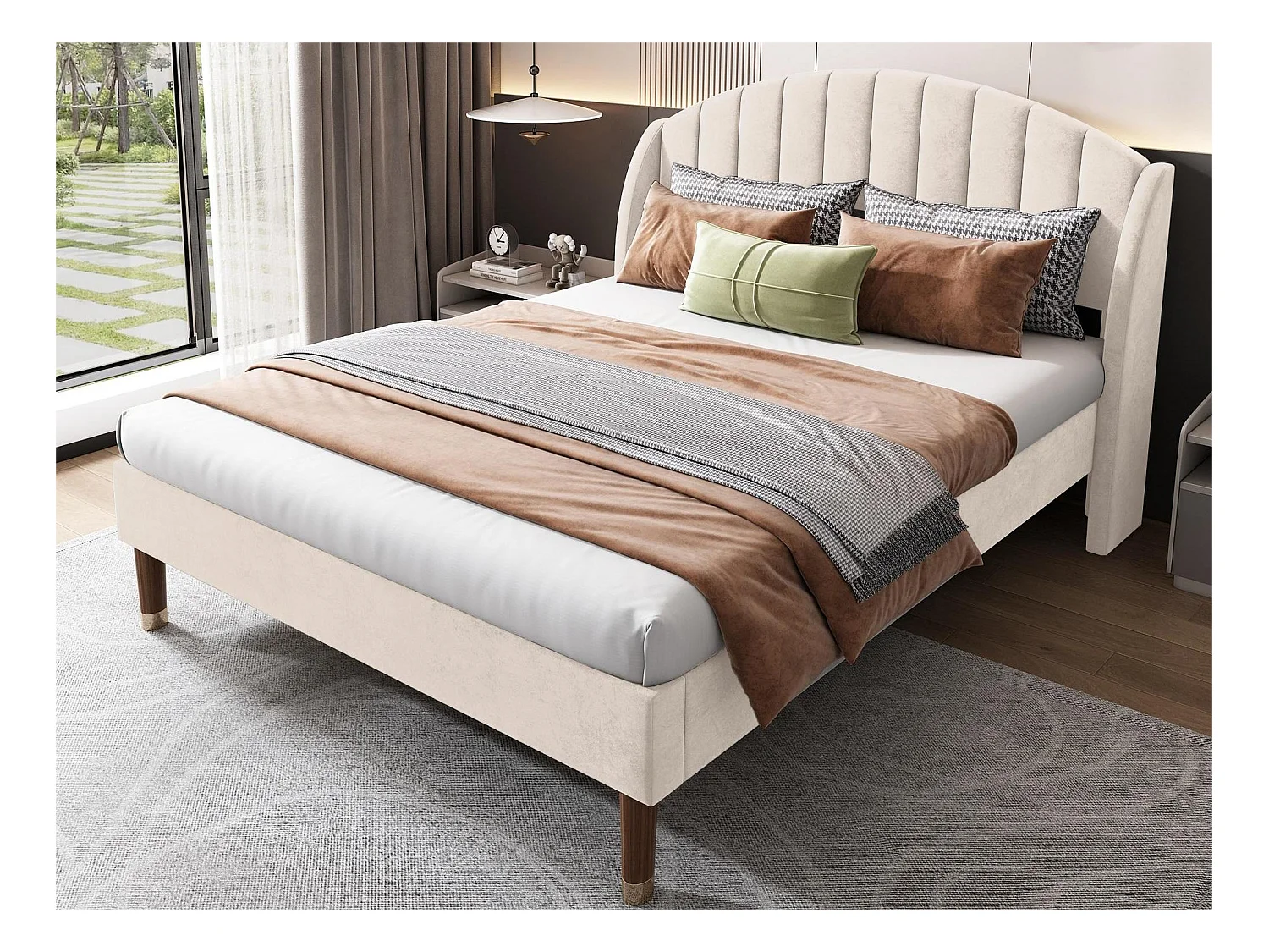 Lit avec tête de lit capitonné - 140 x 200 cm - velours - sommier à lattes - coloris beige