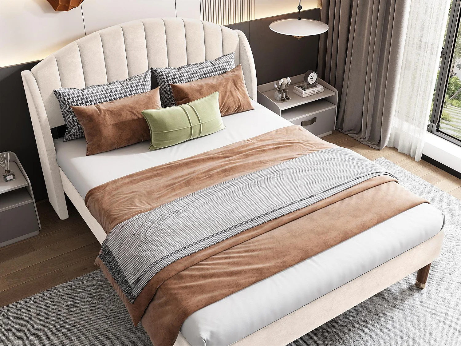 Cama con cabecero acolchado - 140 x 200 cm - terciopelo - somier de láminas - color beige