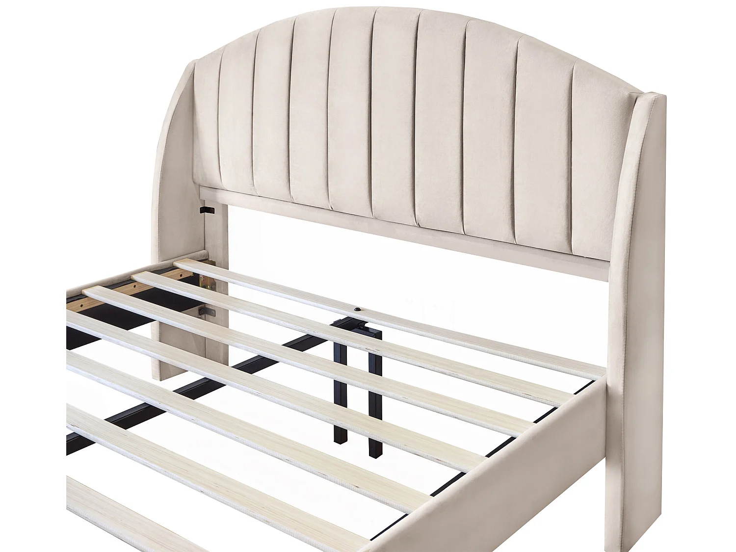 Cama con cabecero acolchado - 140 x 200 cm - terciopelo - somier de láminas - color beige