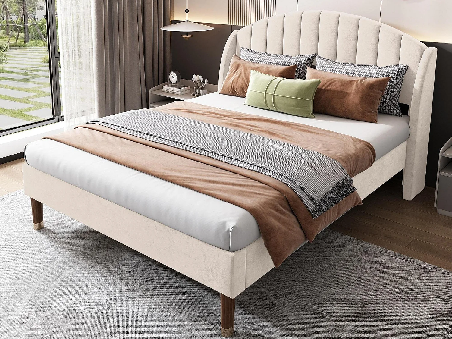 Cama con cabecero acolchado - 140 x 200 cm - terciopelo - somier de láminas - color beige