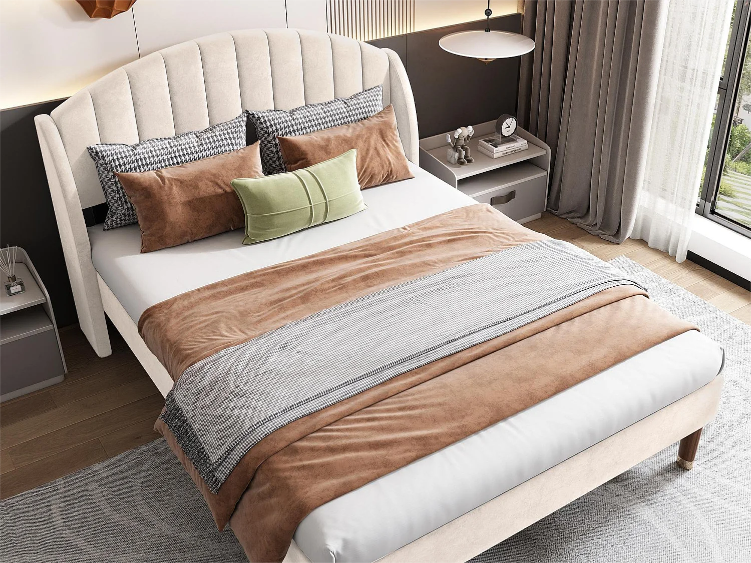 Cama con cabecero acolchado - 140 x 200 cm - terciopelo - somier de láminas - color beige