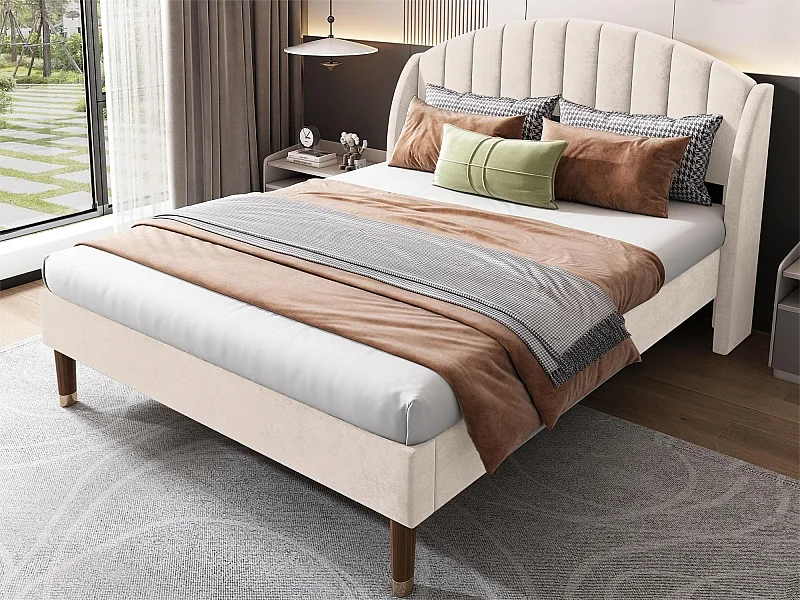 Bed met gewatteerd hoofdeinde - 140 x 200 cm - fluweel - lattenbodem - kleur beige