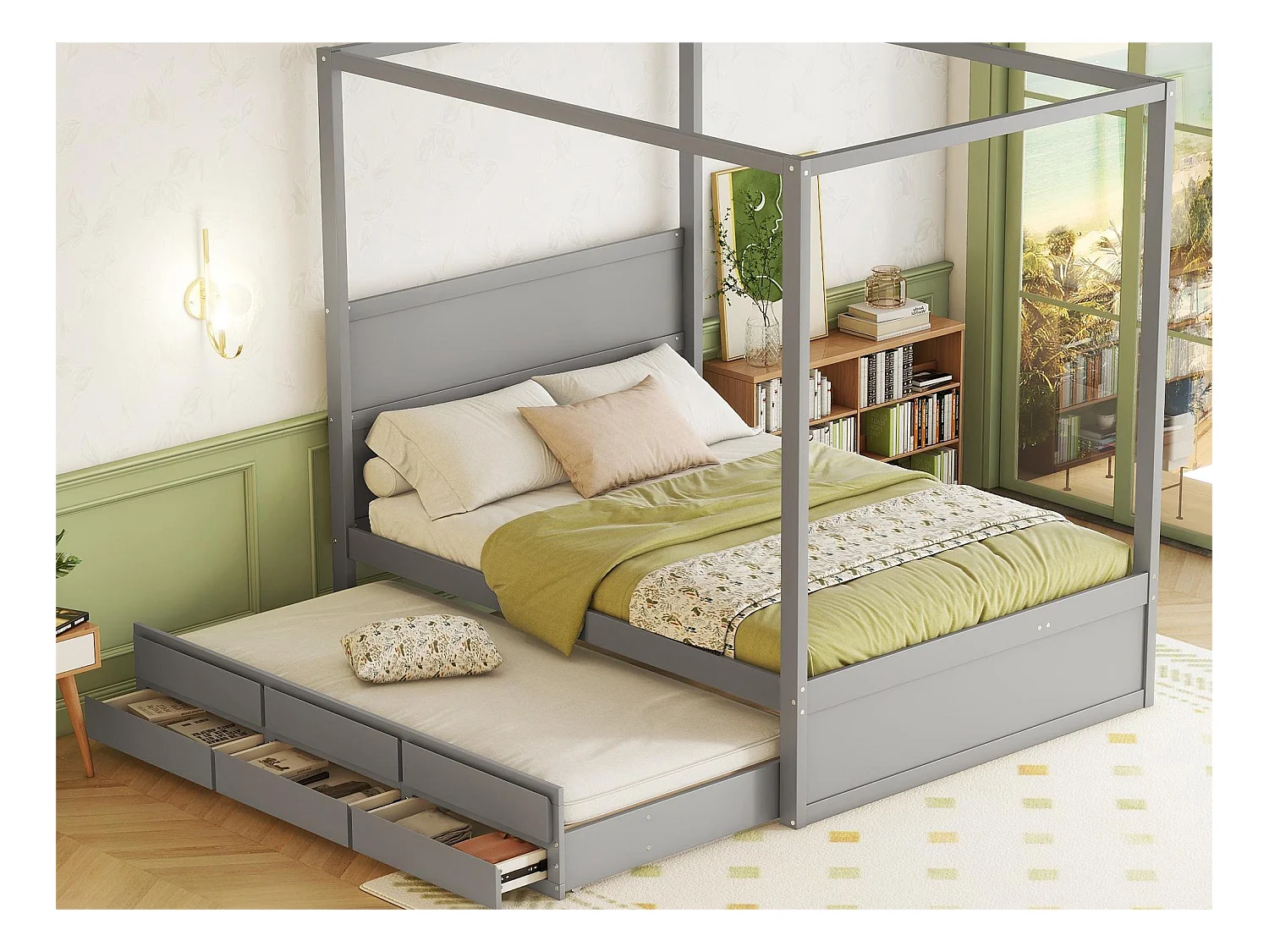 Hemelbed met onderschuifbed en opbergruimte - 140 x 200 cm + 90 x 190 cm - grenenhout - grijze kleur