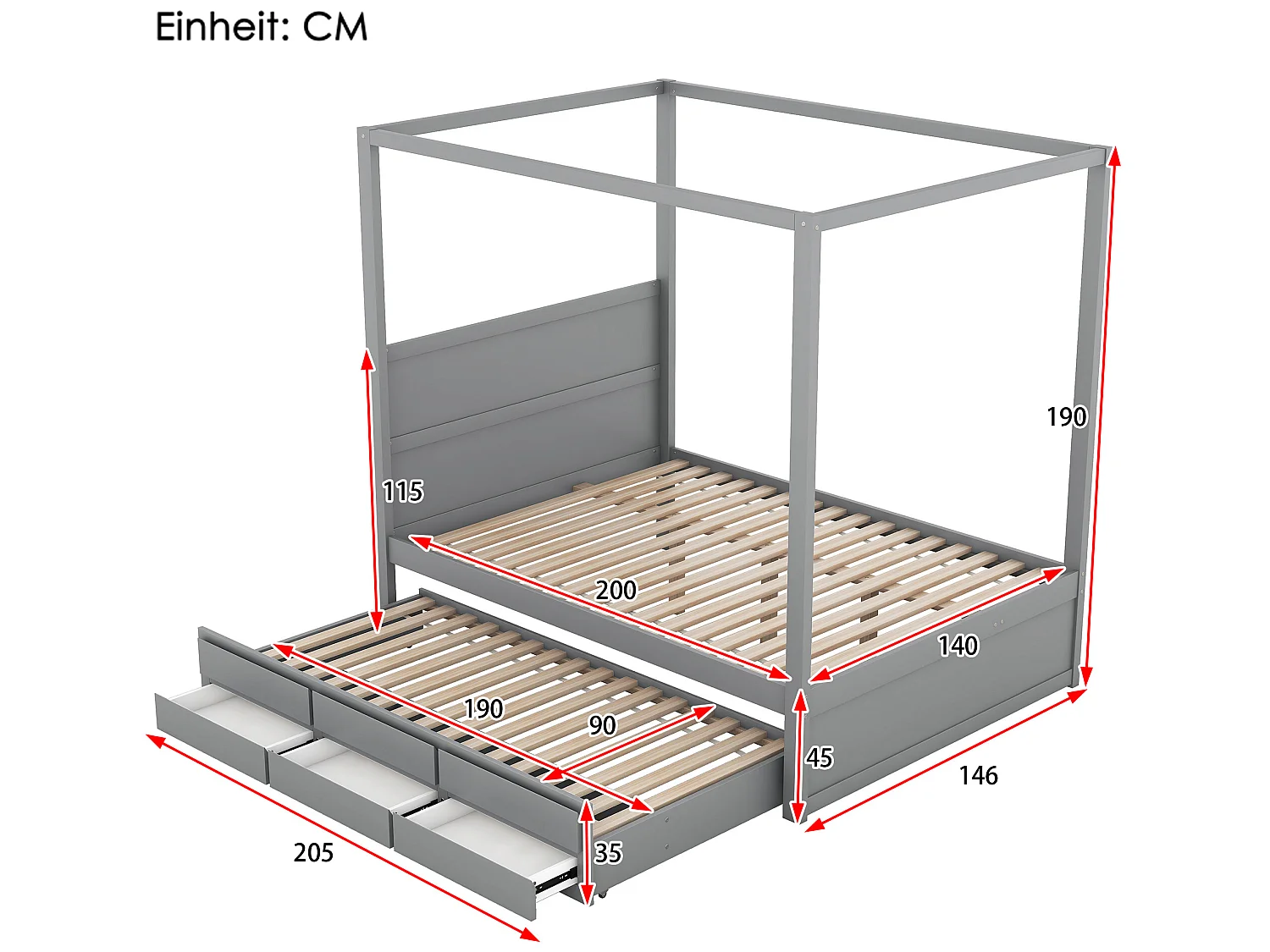 Hemelbed met onderschuifbed en opbergruimte - 140 x 200 cm + 90 x 190 cm - grenenhout - grijze kleur
