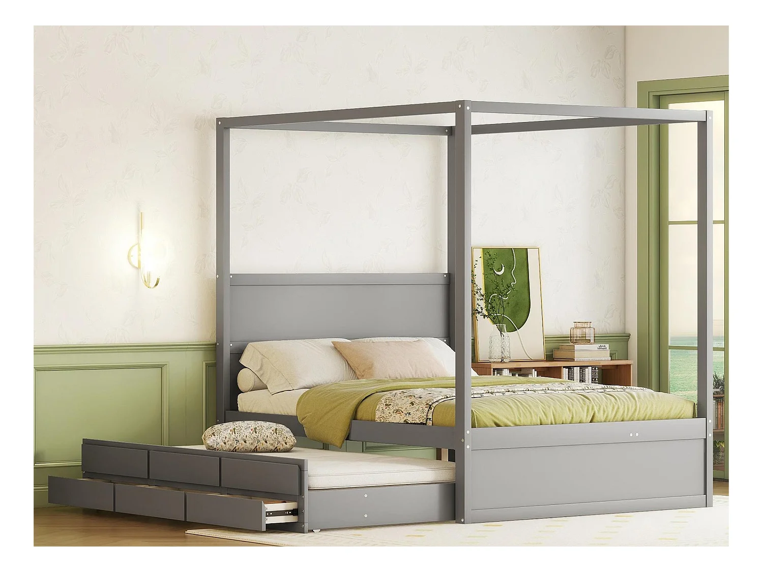 Lit à baldaquin avec lit gigogne et rangement - 140 x 200 cm + 90 x 190 cm - bois de pin - coloris gris