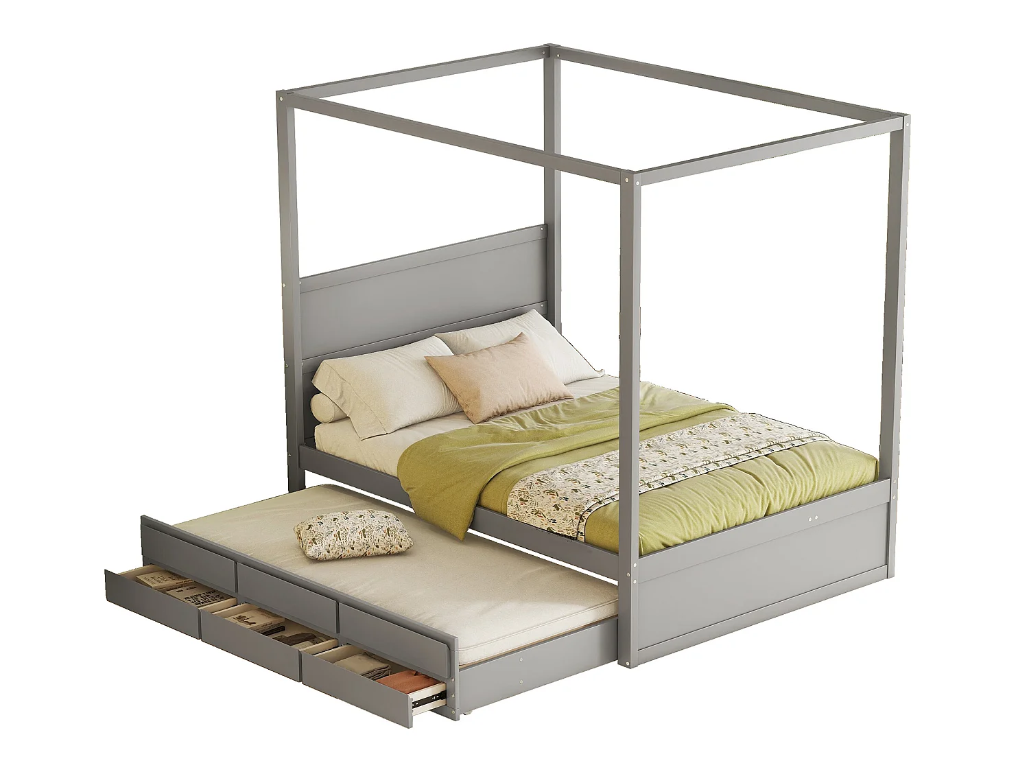 Hemelbed met onderschuifbed en opbergruimte - 140 x 200 cm + 90 x 190 cm - grenenhout - grijze kleur