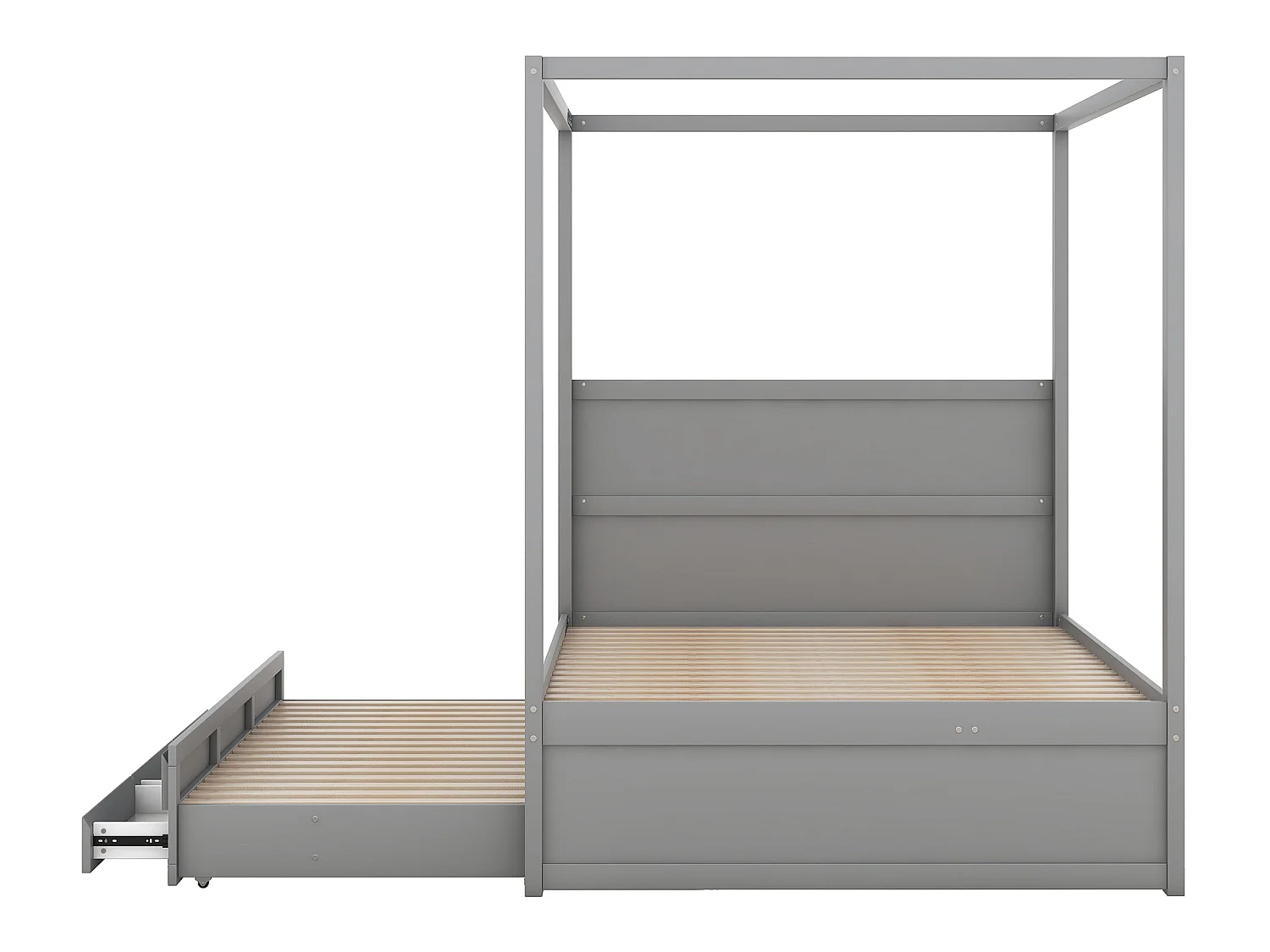 Hemelbed met onderschuifbed en opbergruimte - 140 x 200 cm + 90 x 190 cm - grenenhout - grijze kleur