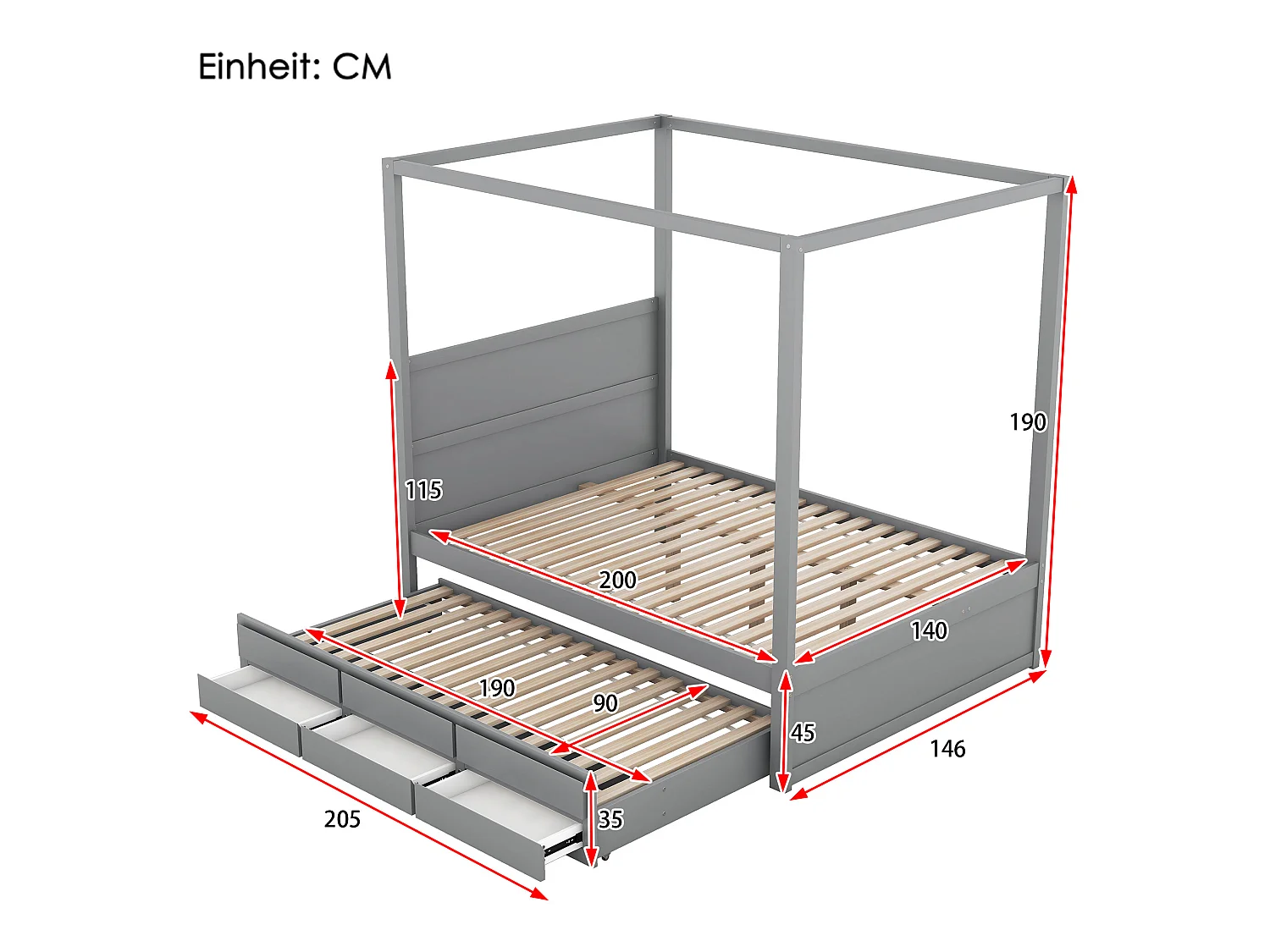 Hemelbed met onderschuifbed en opbergruimte - 140 x 200 cm + 90 x 190 cm - grenenhout - grijze kleur