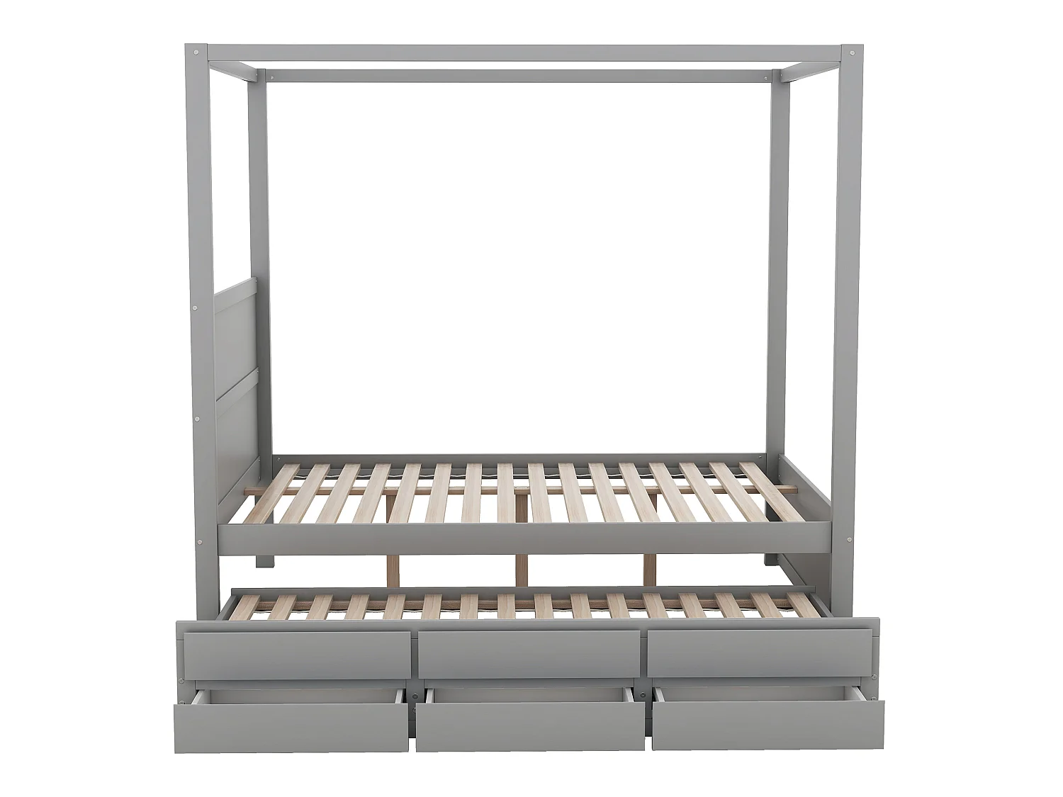 Hemelbed met onderschuifbed en opbergruimte - 140 x 200 cm + 90 x 190 cm - grenenhout - grijze kleur