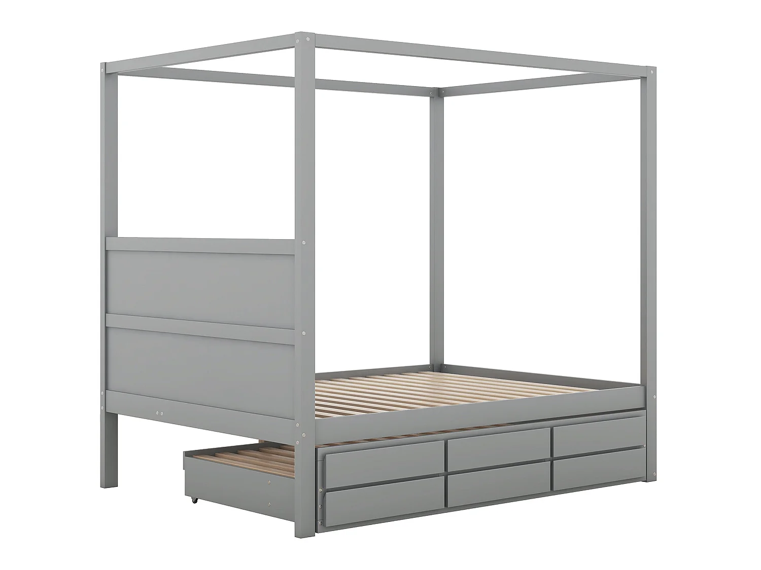 Hemelbed met onderschuifbed en opbergruimte - 140 x 200 cm + 90 x 190 cm - grenenhout - grijze kleur