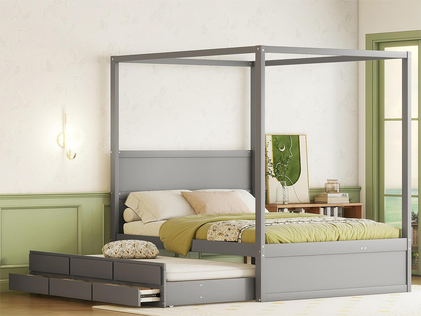 Letto Singolo A Baldacchino 90x200 Cm In Legno Di Pino Bianco – Con Cassetto Contenitore E Rete A Doghe - 5