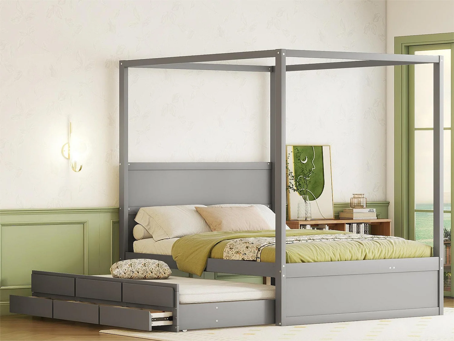 Lit à baldaquin avec lit gigogne et rangement - 140 x 200 cm + 90 x 190 cm - bois de pin - coloris gris